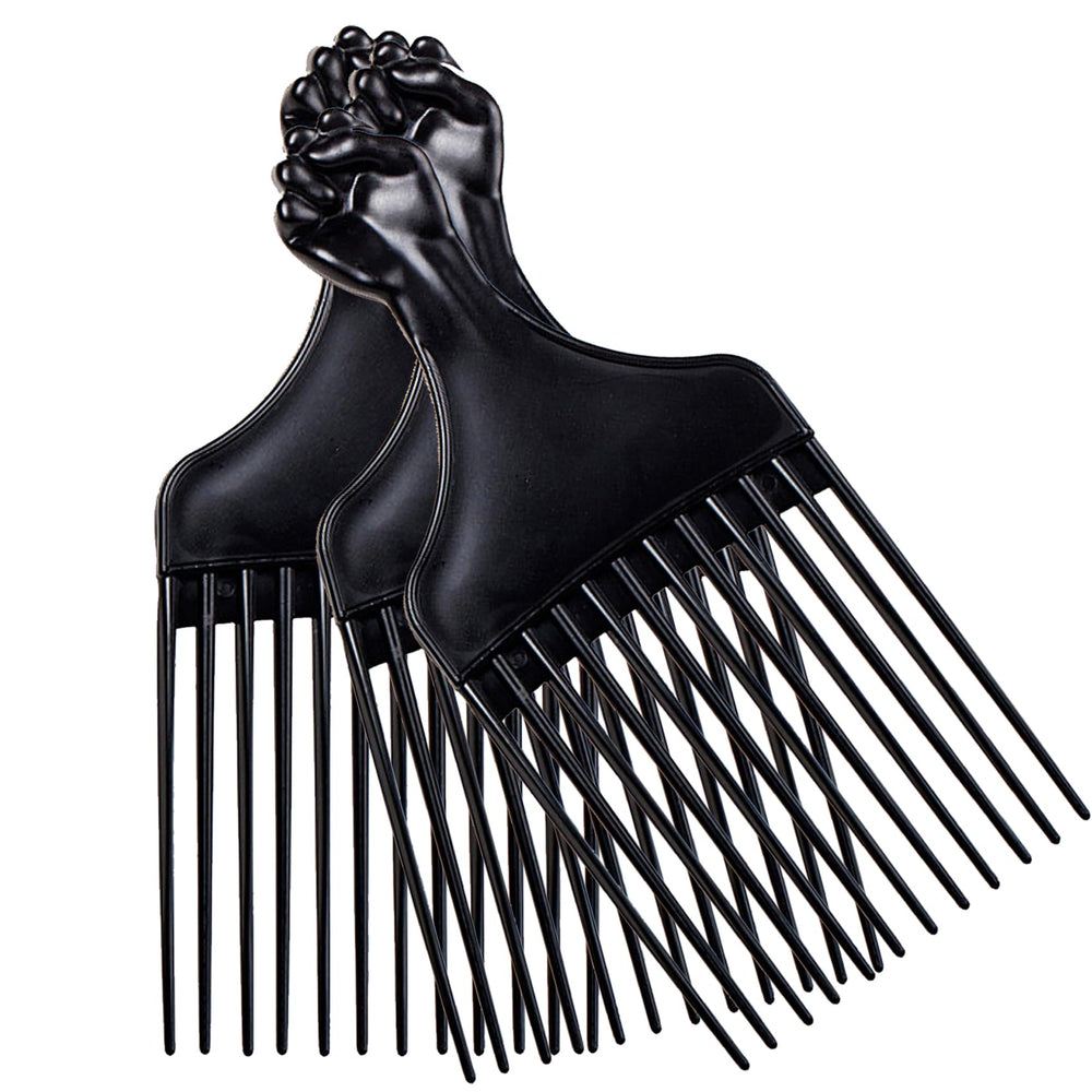 Soft 'N Style afro pick with black fist handle for quick detangling