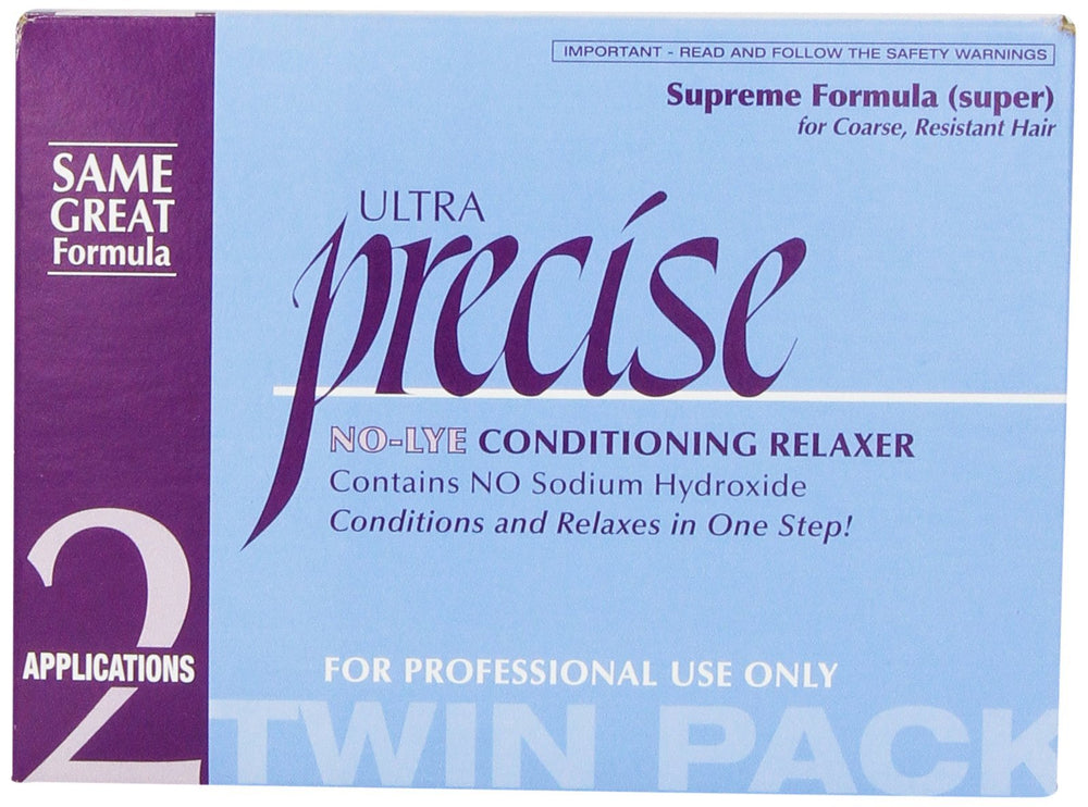 SoftSheen Carson Precise NoLye Supreme Relaxer twin-pack bottle shown for smooth application.