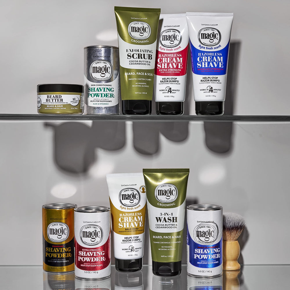 SoftSheen Magic Razorless Shaving Powder different-formulations showcase multiple strength options.