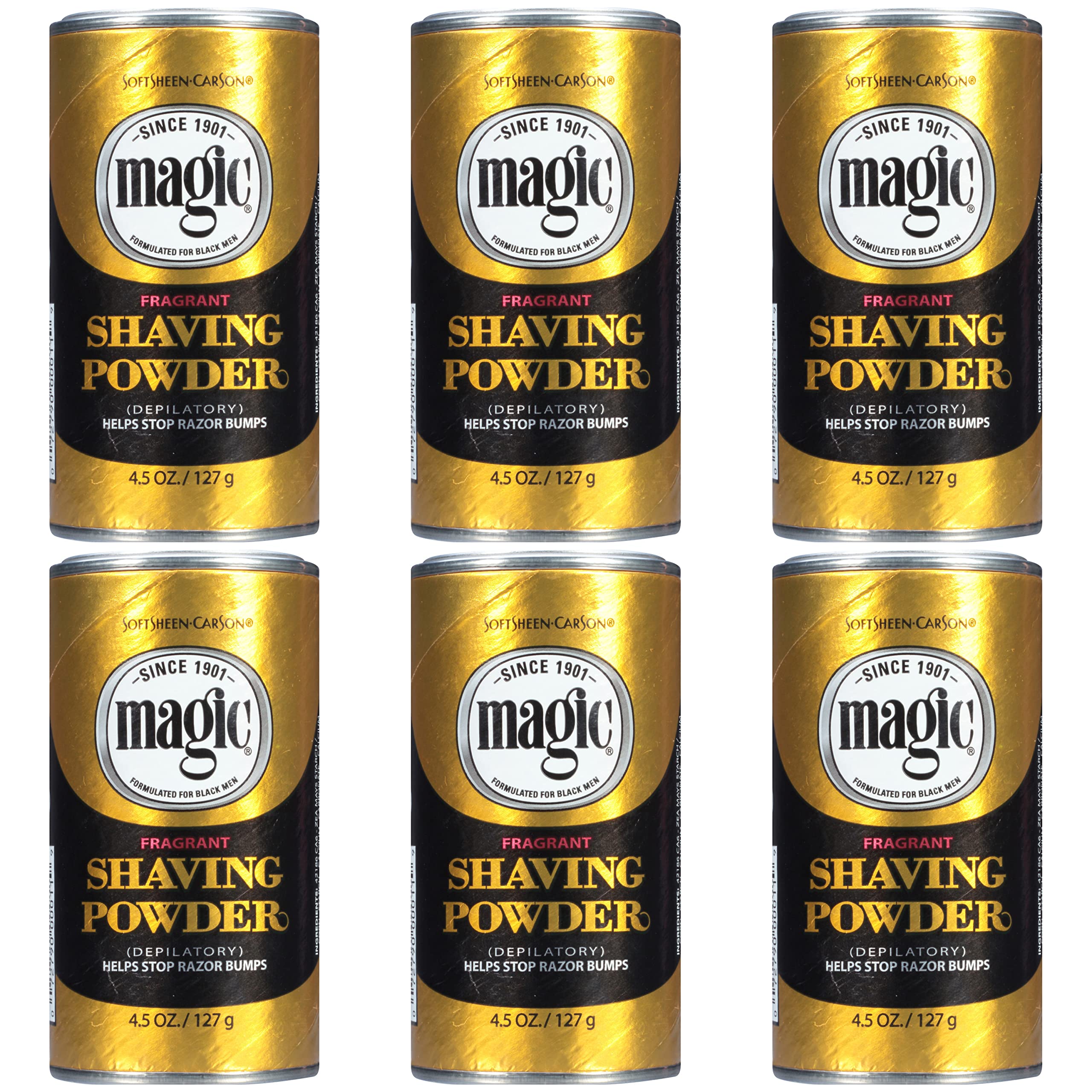SoftSheen Magic Razorless Shaving Powder packaging shows a six-pack for convenient grooming.
