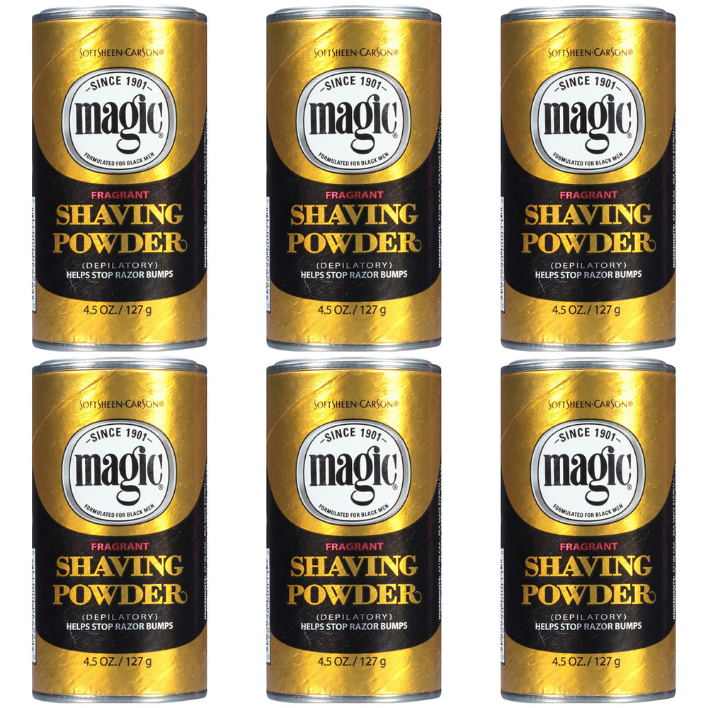 SoftSheen Magic Razorless Shaving Powder packaging shows a six-pack for convenient grooming.