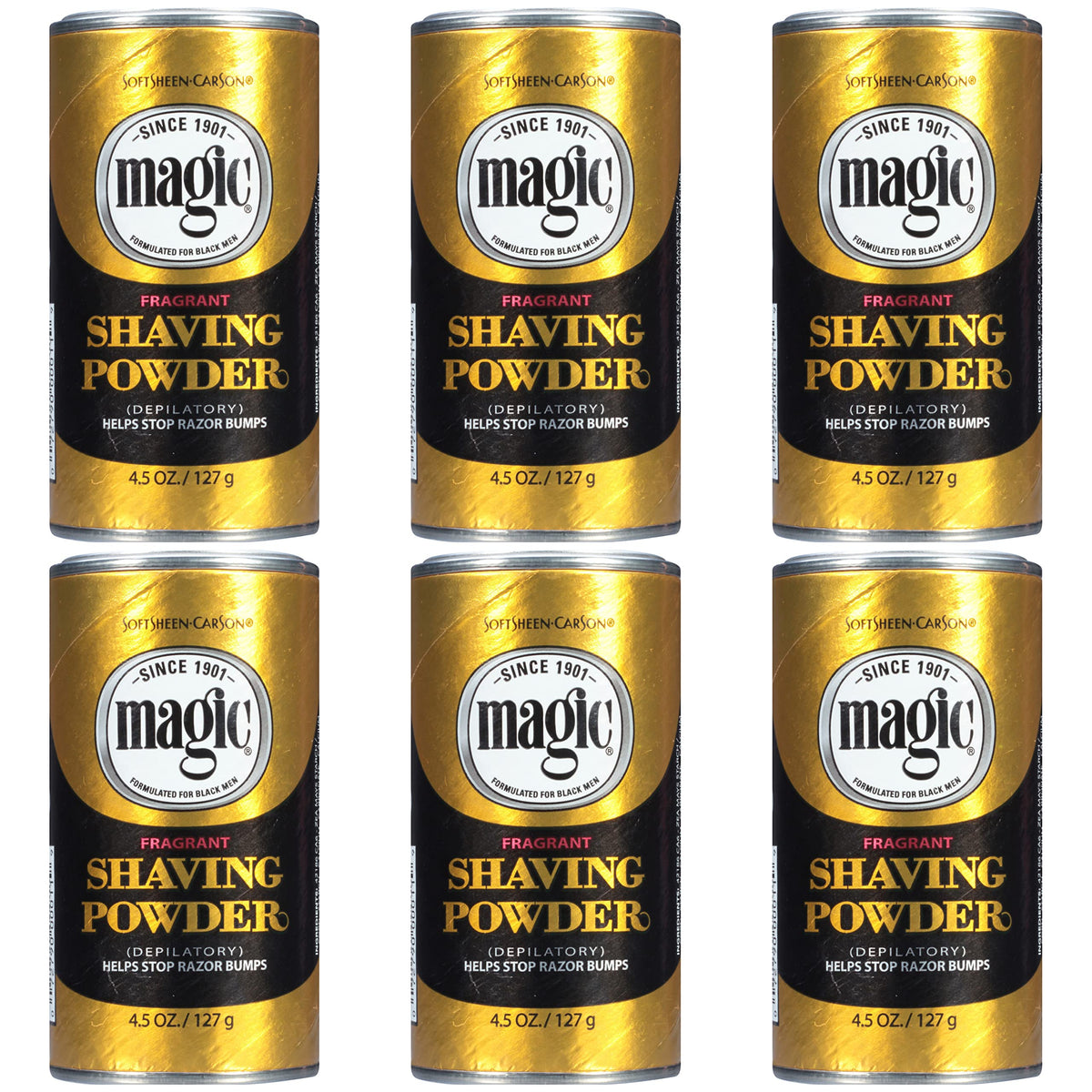 SoftSheen Magic Razorless Shaving Powder packaging shows a six-pack for convenient grooming.