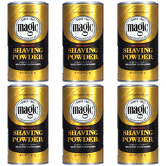 SoftSheen Magic Razorless Shaving Powder packaging shows a six-pack for convenient grooming.