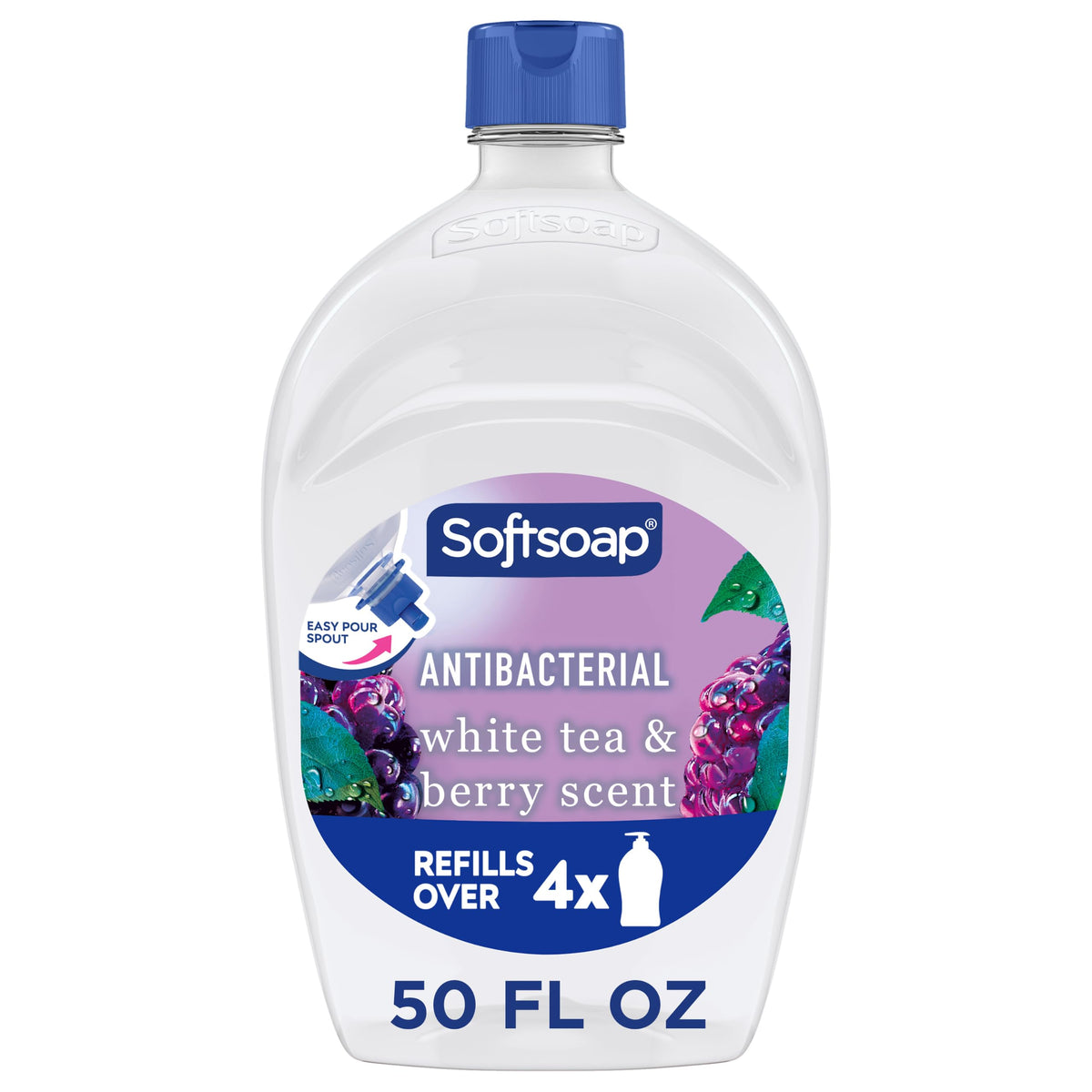 Softsoap front label showing white tea and berry scent and refill size benefit