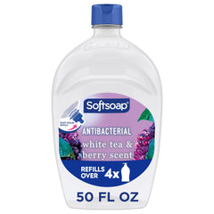 Softsoap front label showing white tea and berry scent and refill size benefit