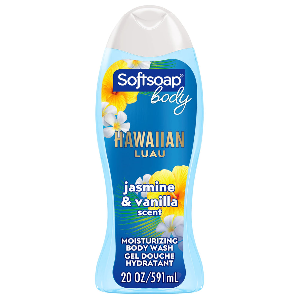 Softsoap Hawaiian Luau bottle front view highlighting moisturizing formula.