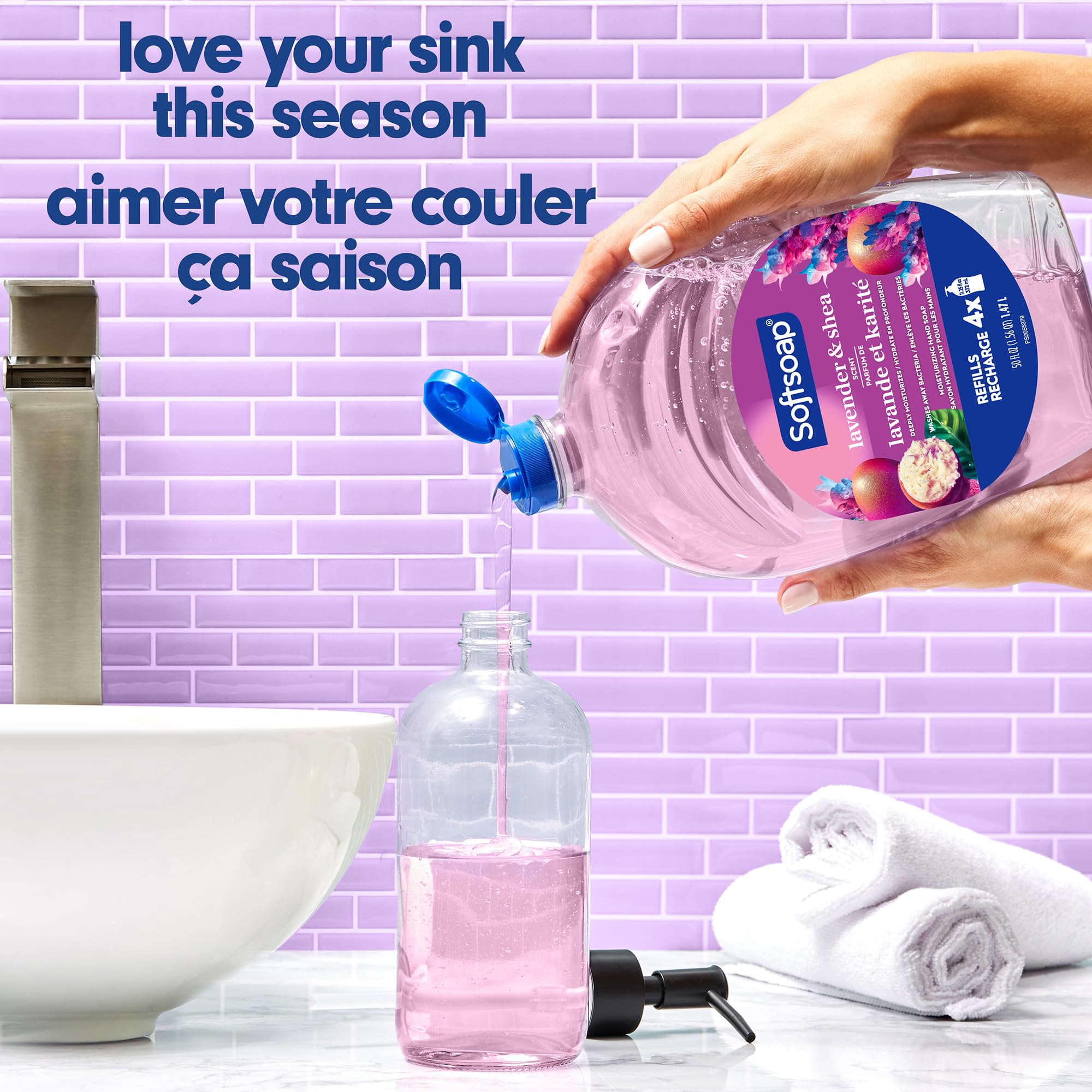 Softsoap label emphasizes trusted brand since 1975 and lavender-shea scent