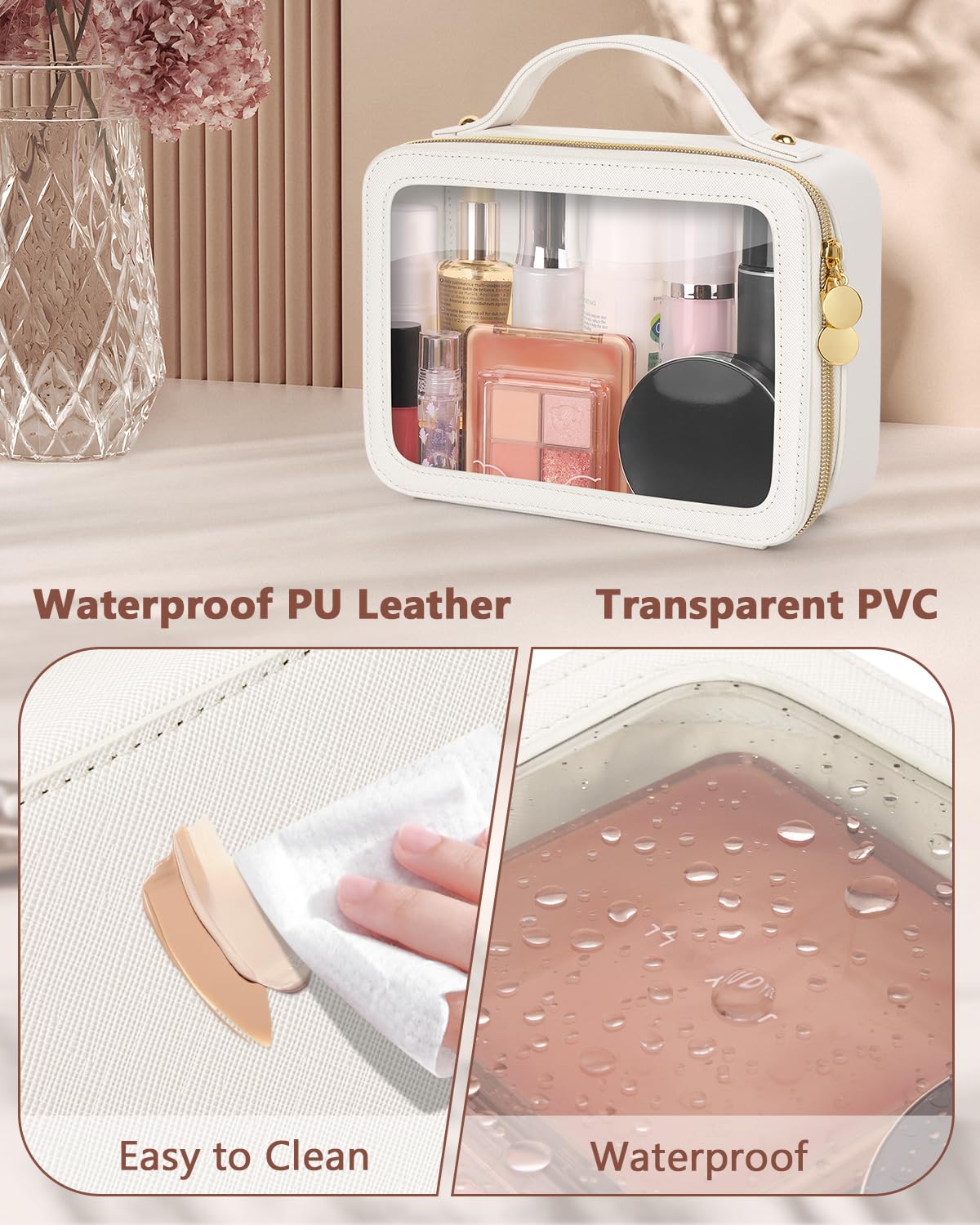 Soimeat beige cosmetic bag mid-size rests gracefully on a dresser surface.