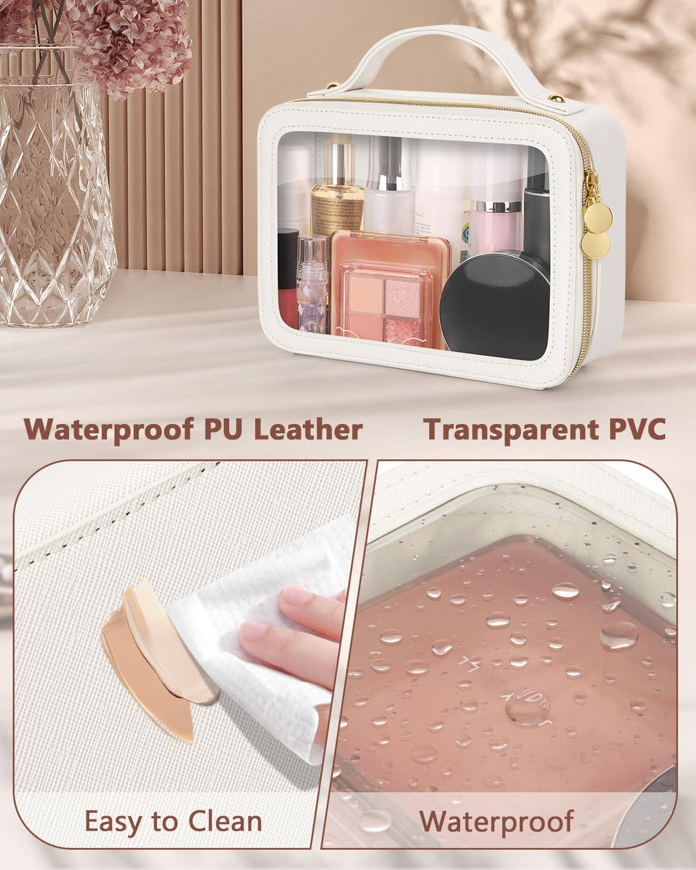 Soimeat beige cosmetic bag mid-size rests gracefully on a dresser surface.