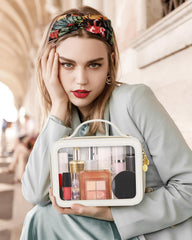 Soimeat clear makeup bag leather trim closeup highlighting scratch-resistant surface.