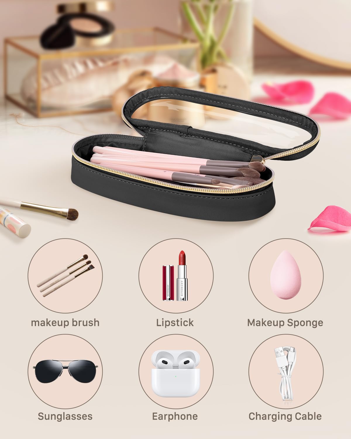 Soimeat leather makeup brush toiletry bag exterior is black, sturdy and anti-scratch for long trips.