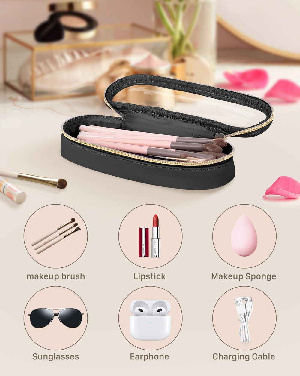 Soimeat leather makeup brush toiletry bag exterior is black, sturdy and anti-scratch for long trips.