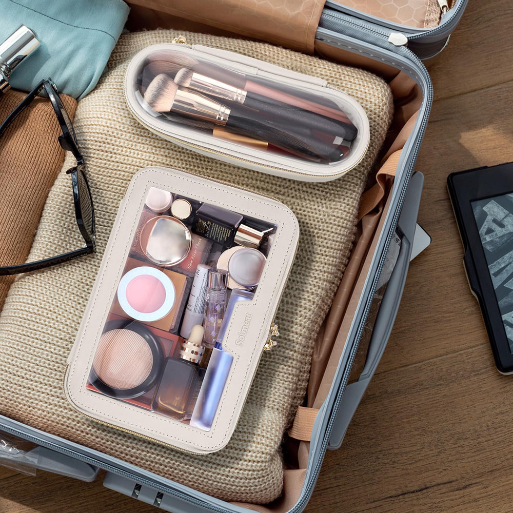 Soimeat makeup brush bag keeps brushes neatly organized during travel.