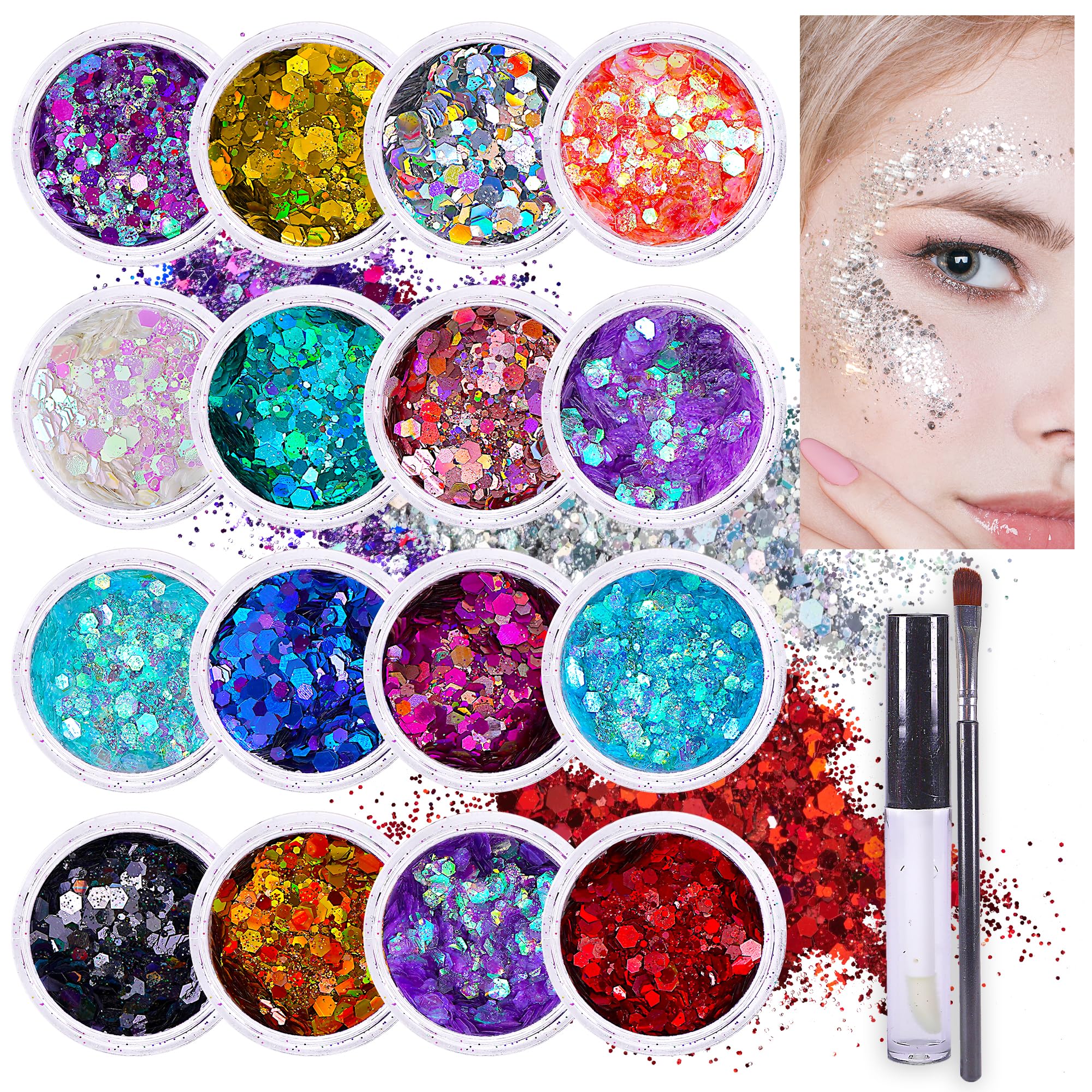 SoJourner Glitter bottle pour shows 16 vibrant colors for eye-catching looks.