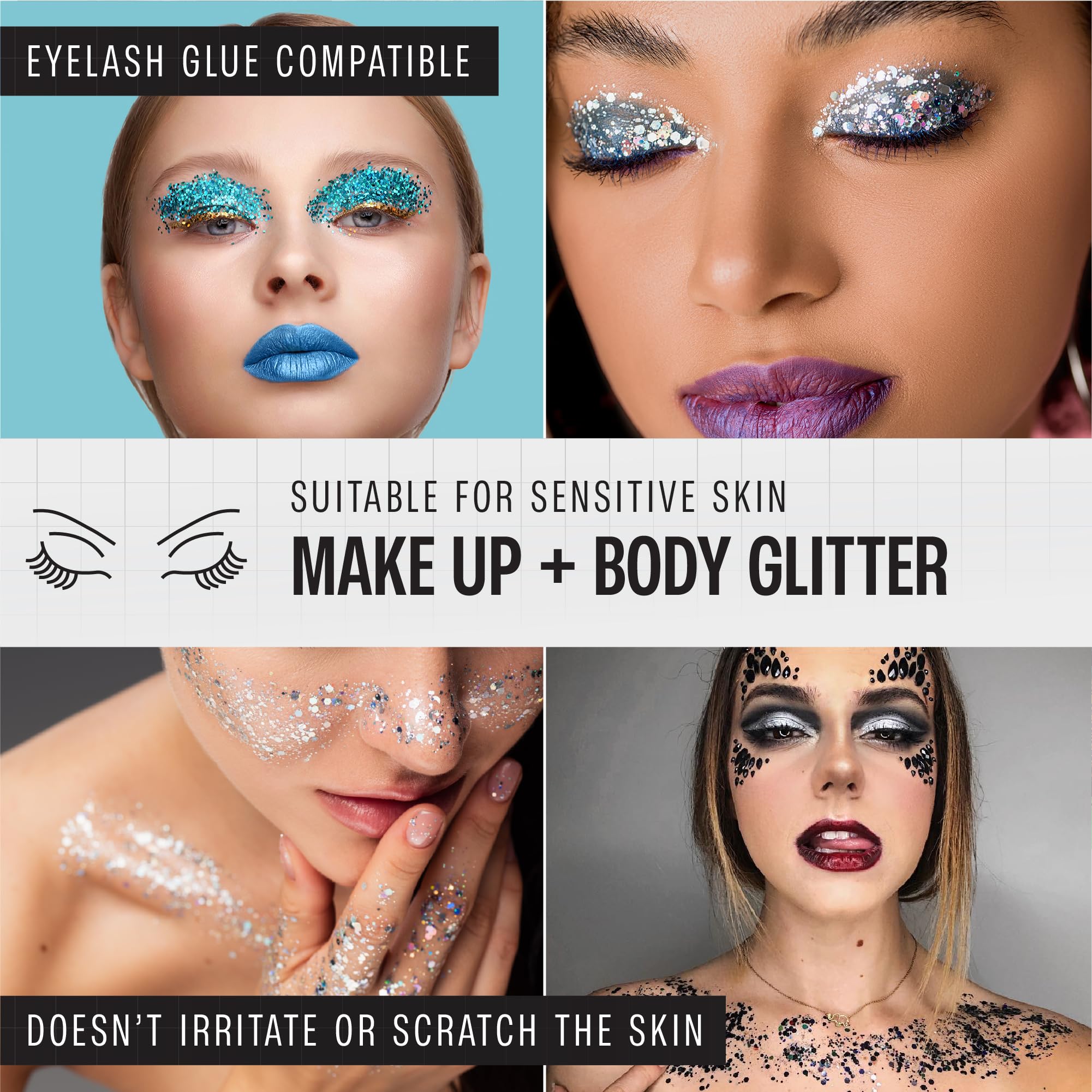 SoJourner Glitter face eyes closeup emphasizes skin-safe glitter for dramatic makeup.