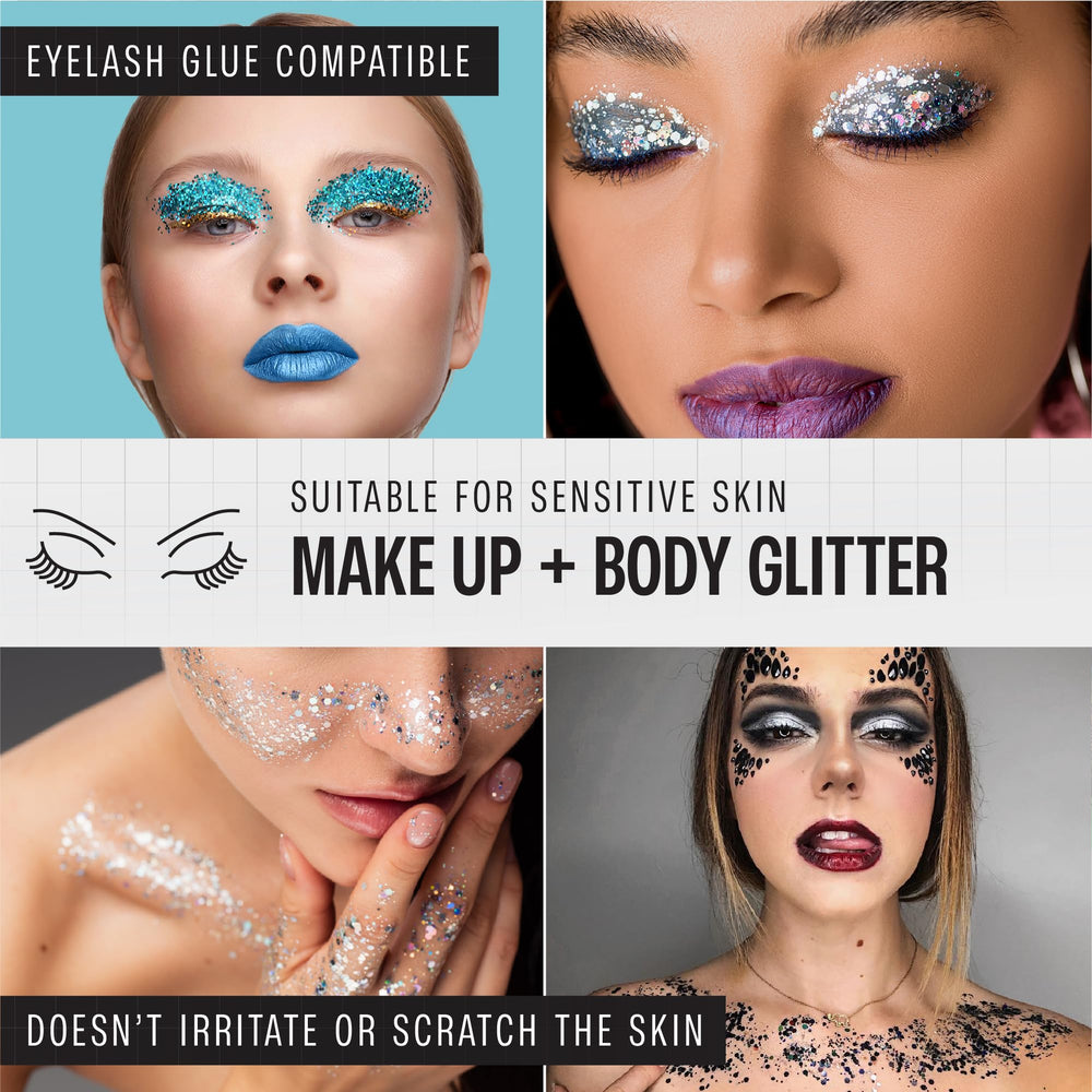 SoJourner Glitter face eyes closeup emphasizes skin-safe glitter for dramatic makeup.