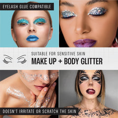 SoJourner Glitter face eyes closeup emphasizes skin-safe glitter for dramatic makeup.