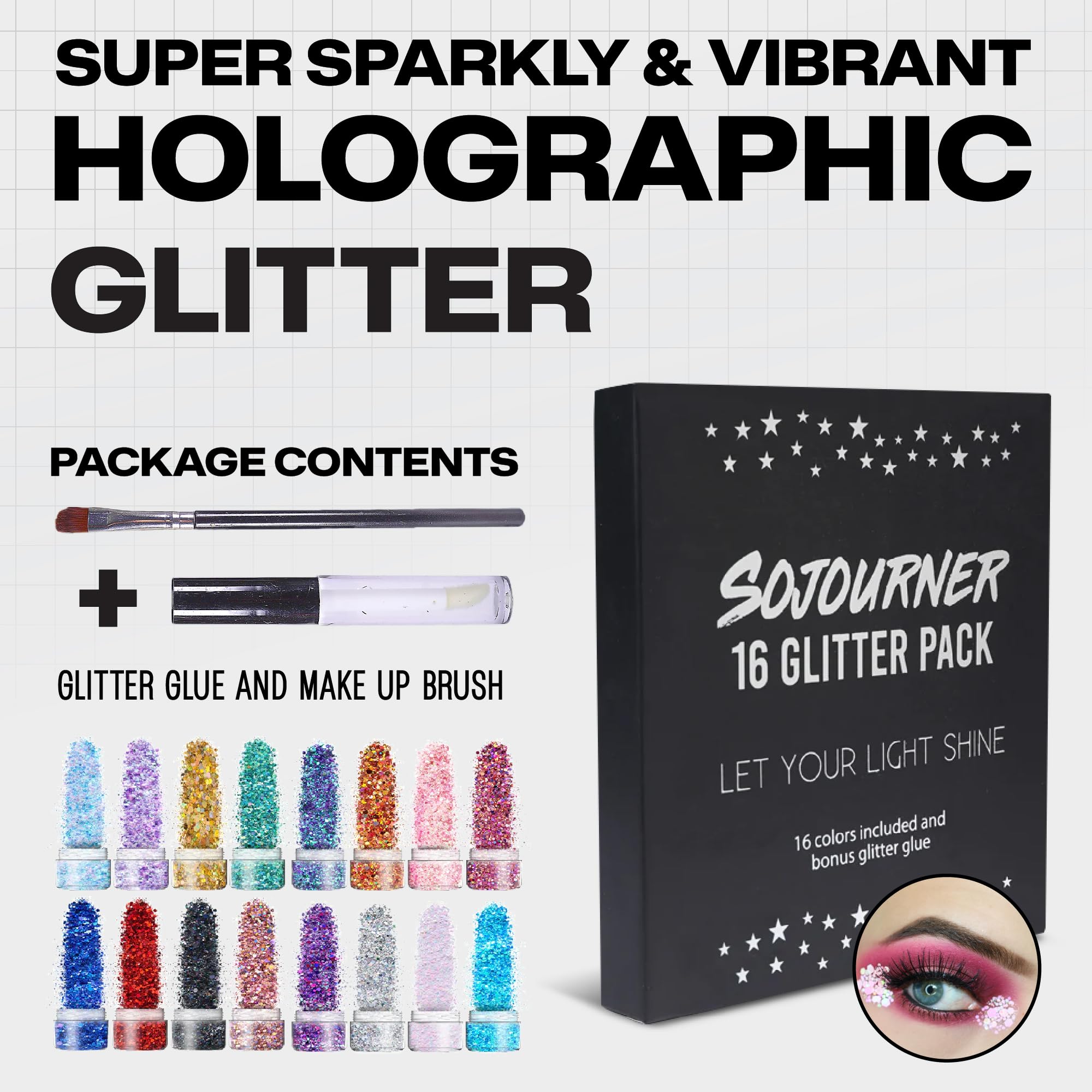 SoJourner Glitter iridescent pigment closeup highlights holographic shine for bold makeup.