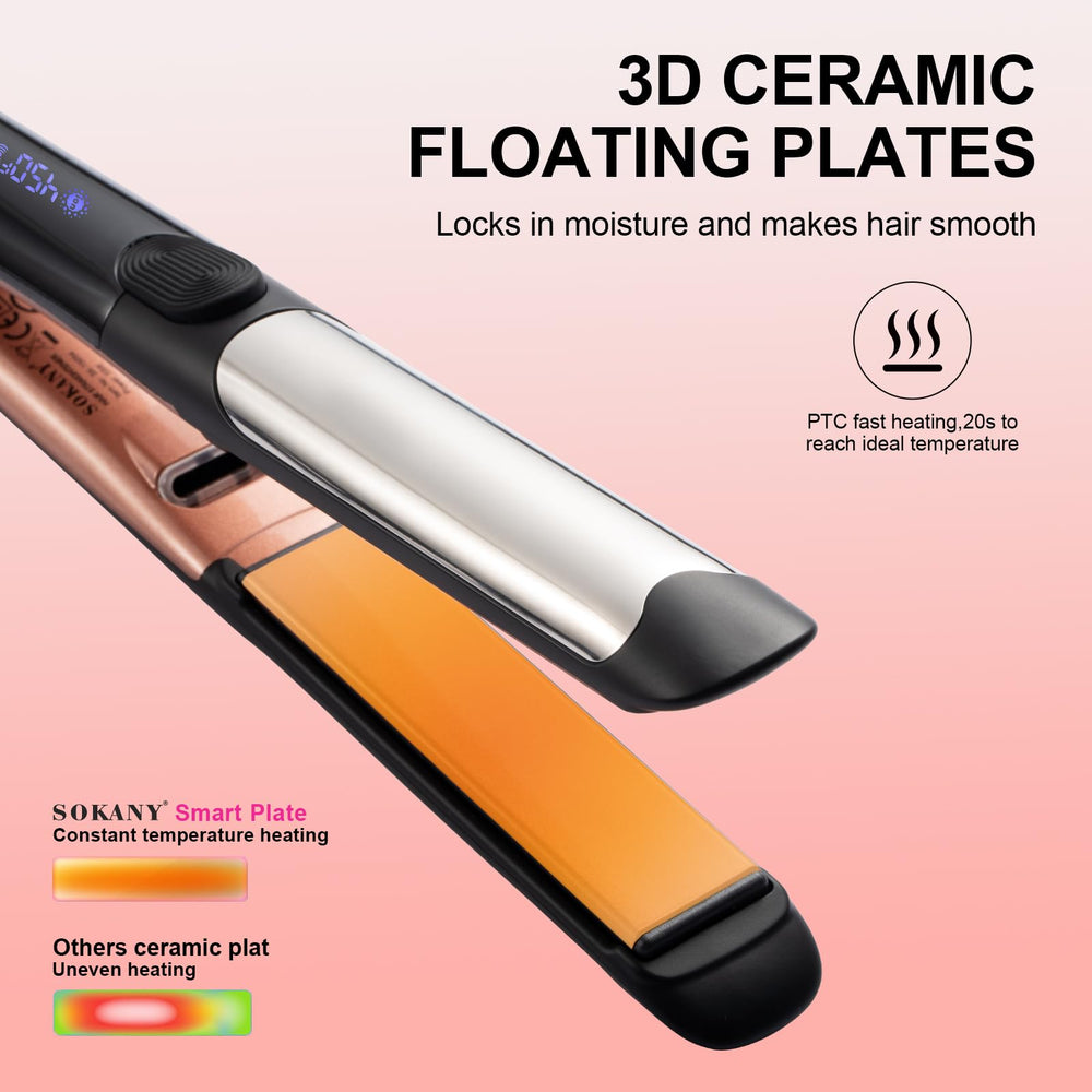 SOKANY 3D ceramic plates close-up showing frizz control and shine.