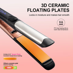 SOKANY 3D ceramic plates close-up showing frizz control and shine.