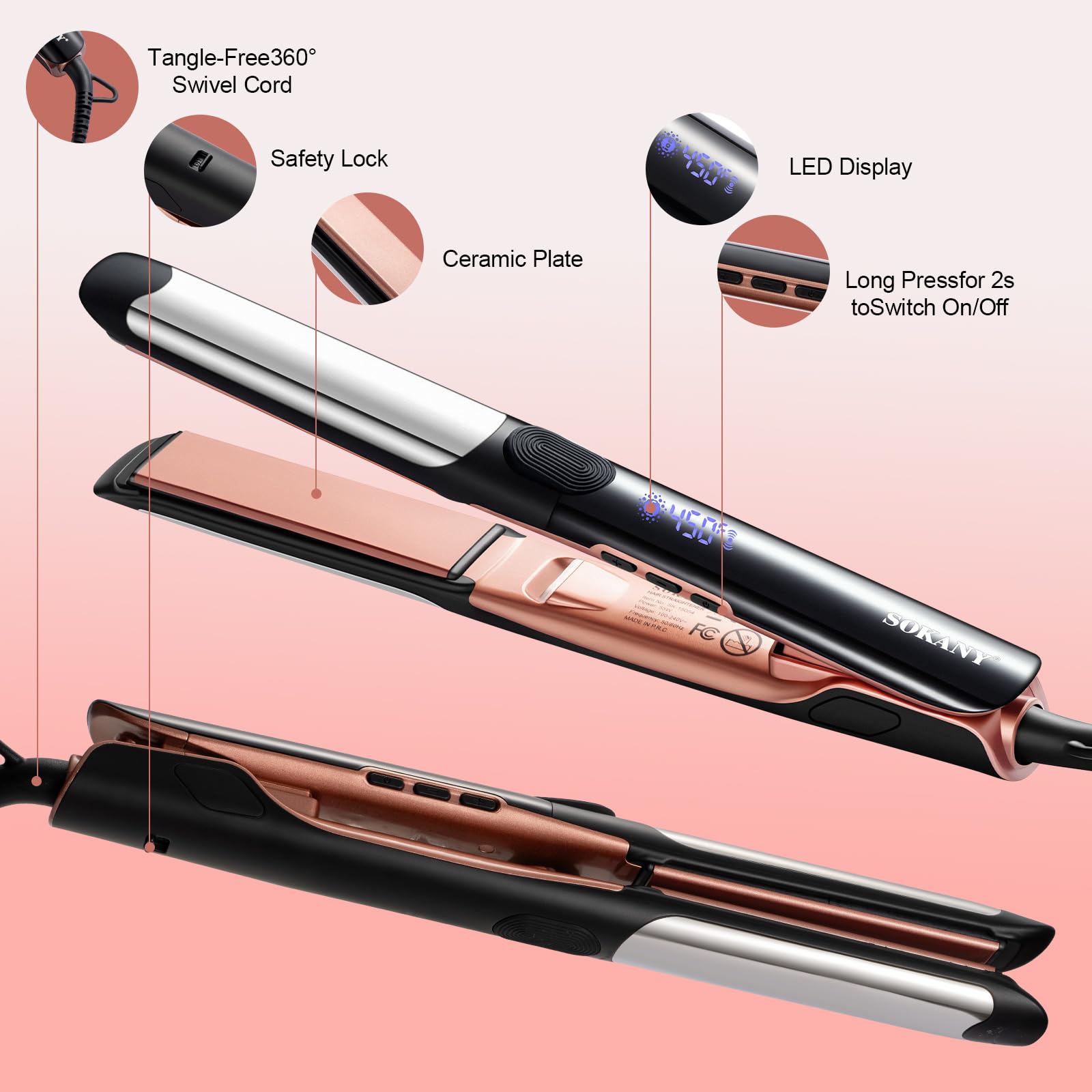 SOKANY dual-voltage hair straightener ready for worldwide travel styling.