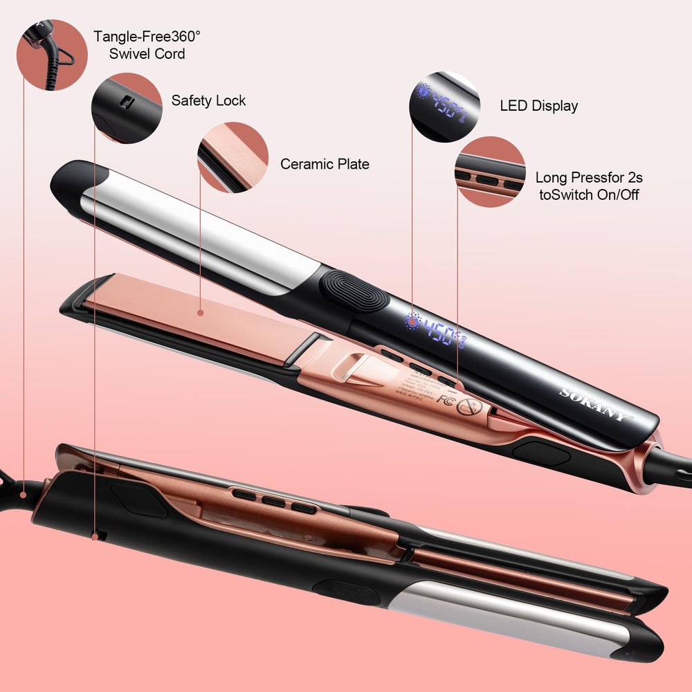 SOKANY dual-voltage hair straightener ready for worldwide travel styling.