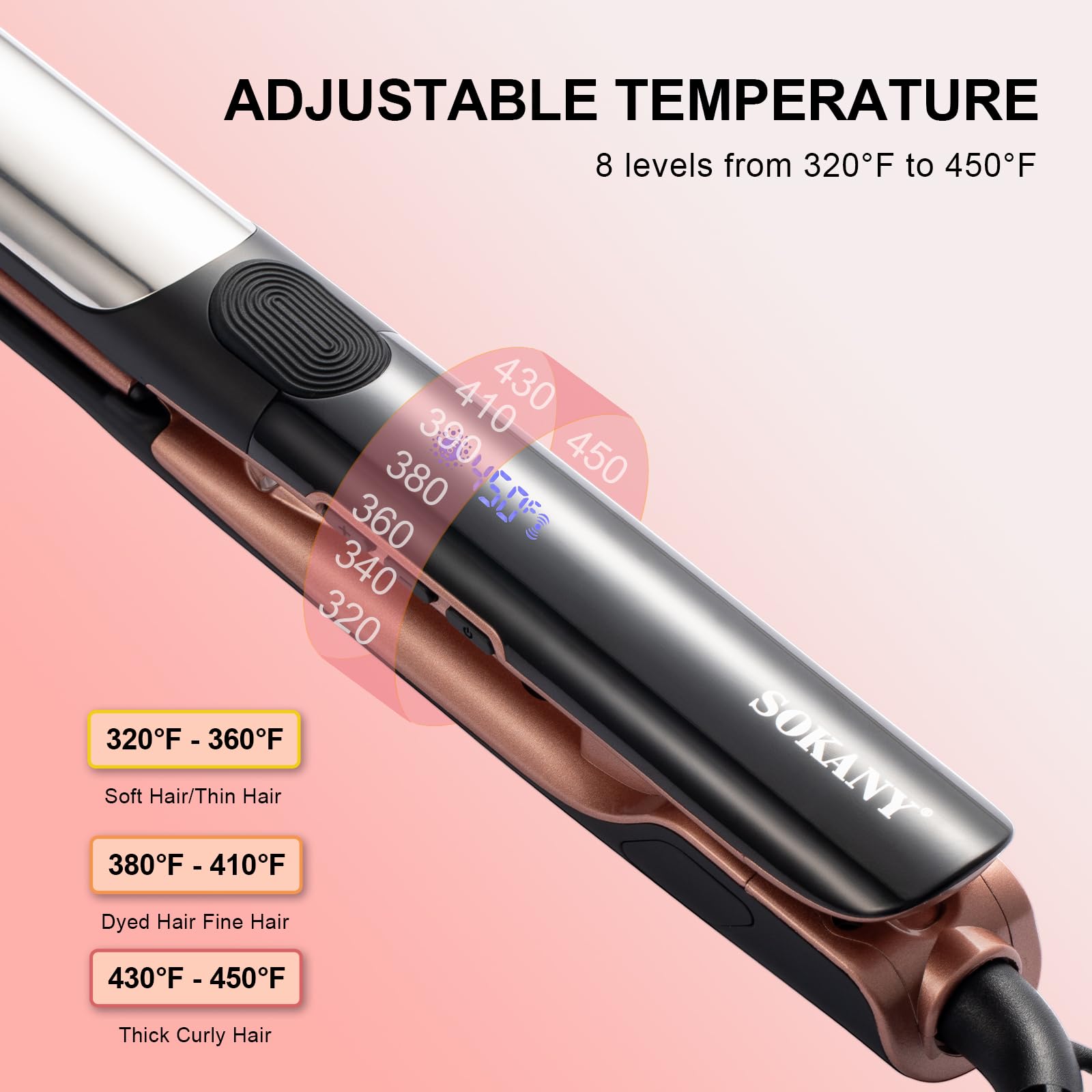 SOKANY PTC fast-heating element enables quick styling sessions.