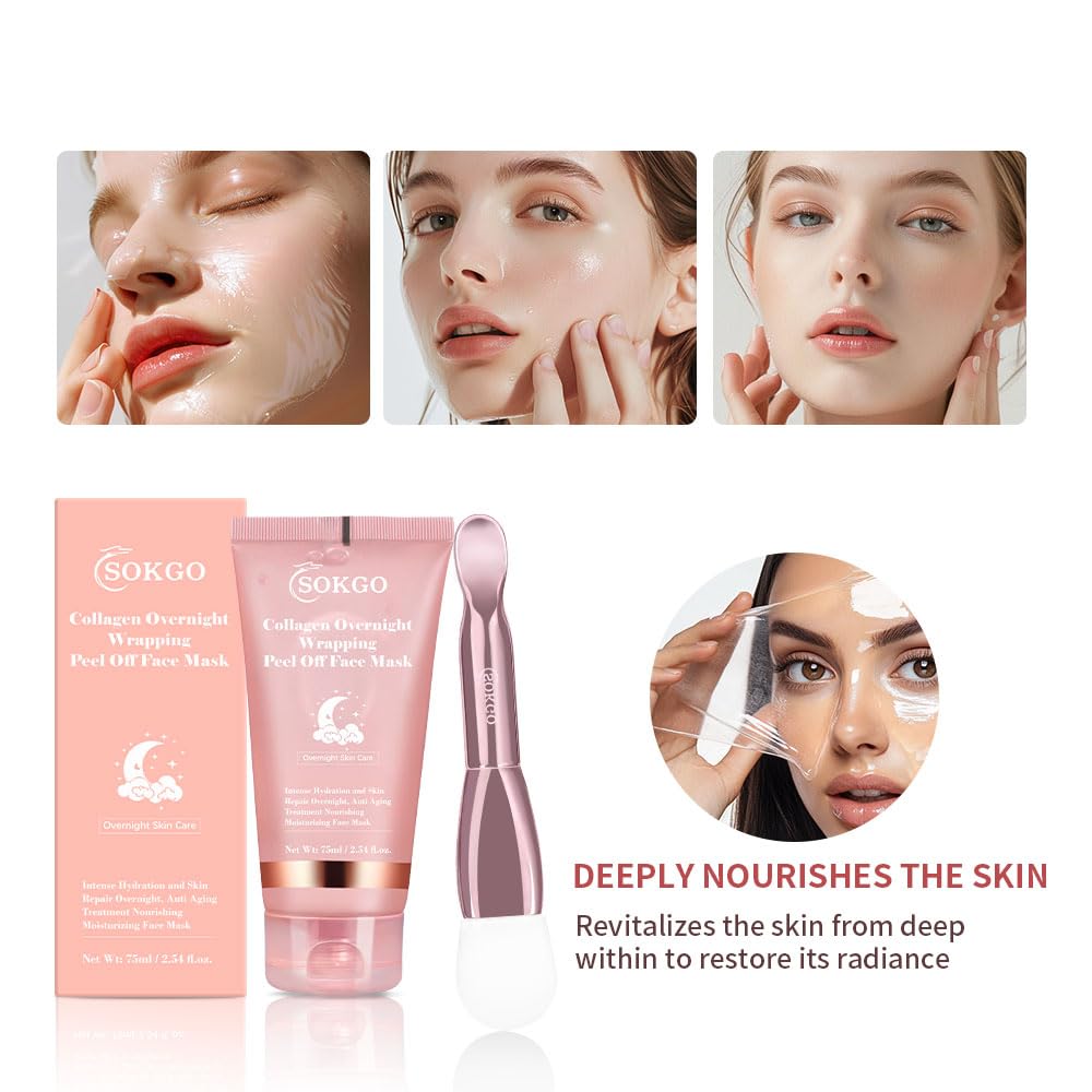 Sokgo Collagen Overnight Wrapping Mask before-and-after concept hints at firmer skin next morning.