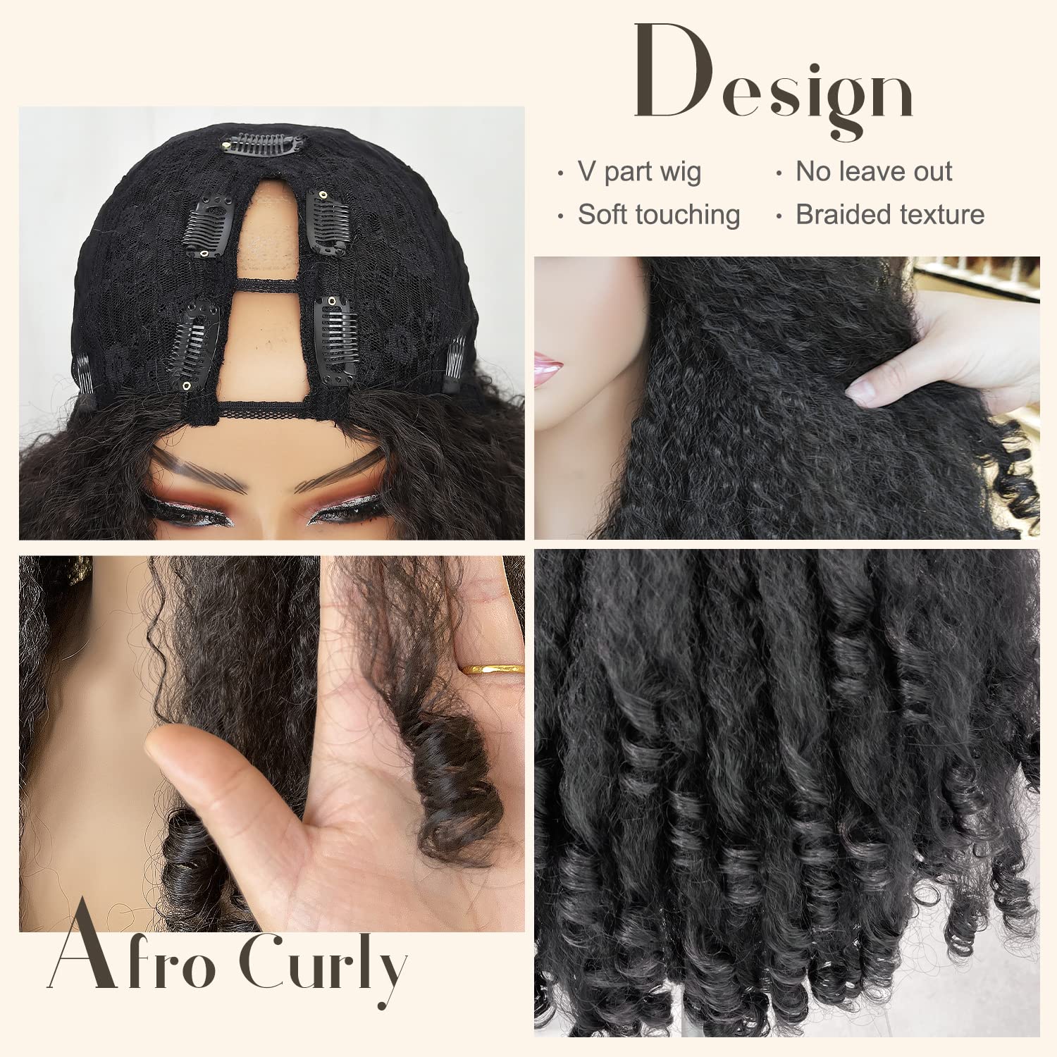 SOKU Afro Curly V Part Wig closeup fiber detail for realistic texture.