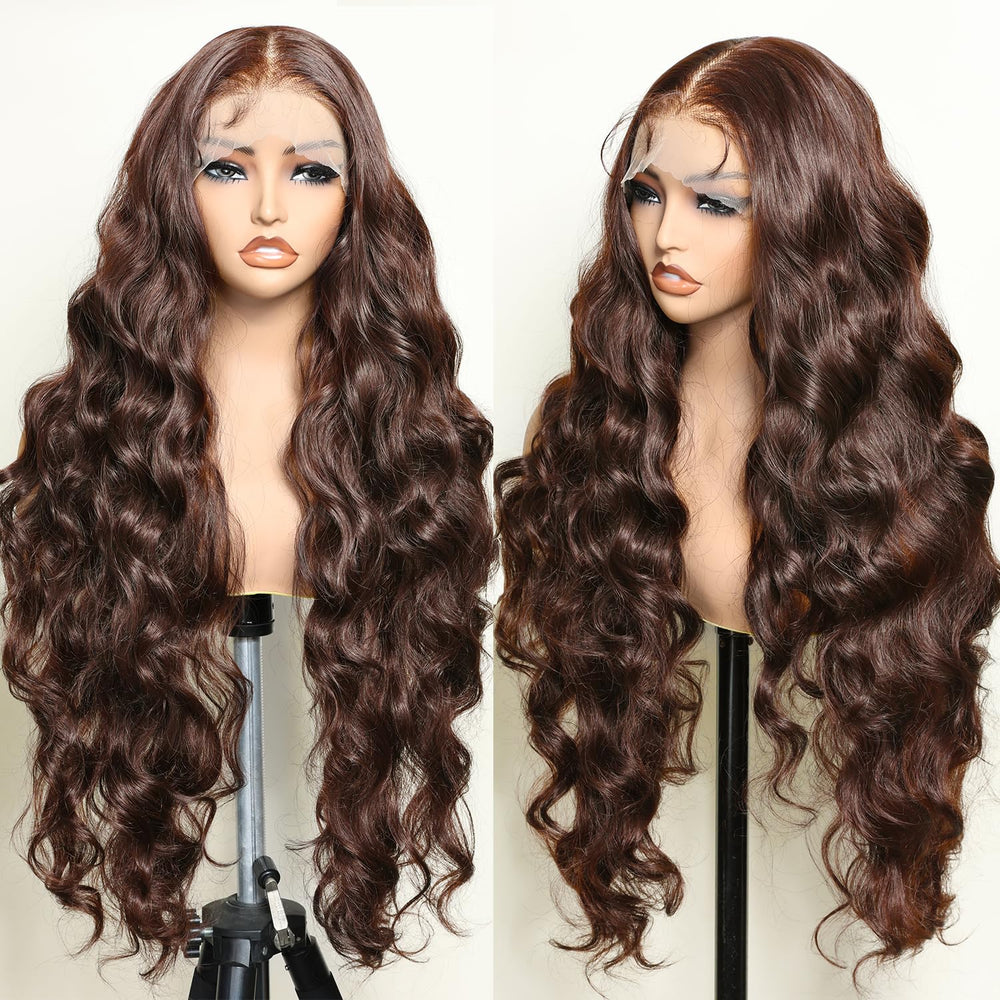 SOKU Brown 13x6 lace front wig with 32-inch waves for seamless natural look.
