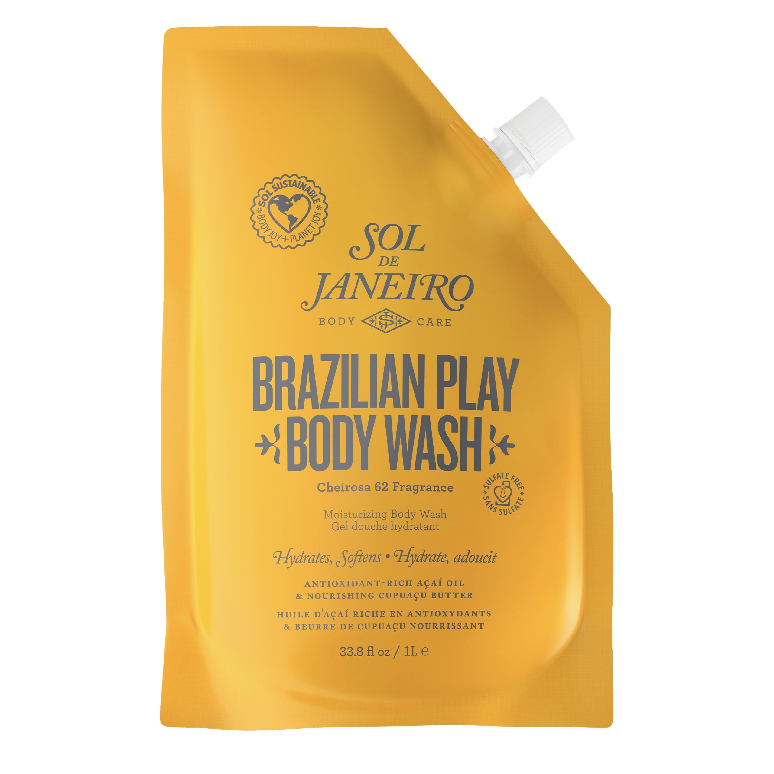 Sol de Janeiro 4 Play bottle with pump for extended showers and less plastic waste.