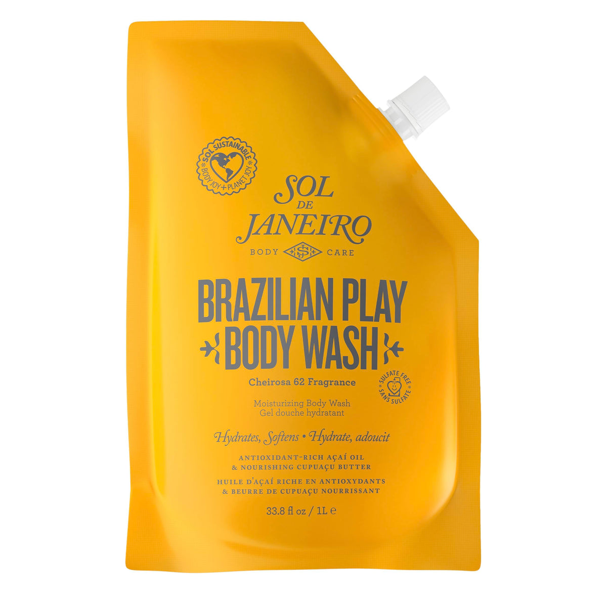 Sol de Janeiro 4 Play bottle with pump for extended showers and less plastic waste.