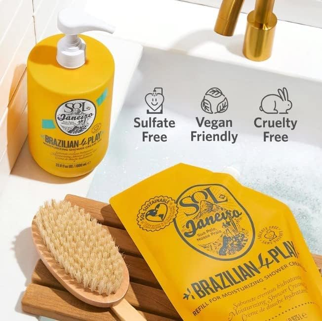 Sol de Janeiro refill pouch in use to top up the bottle.