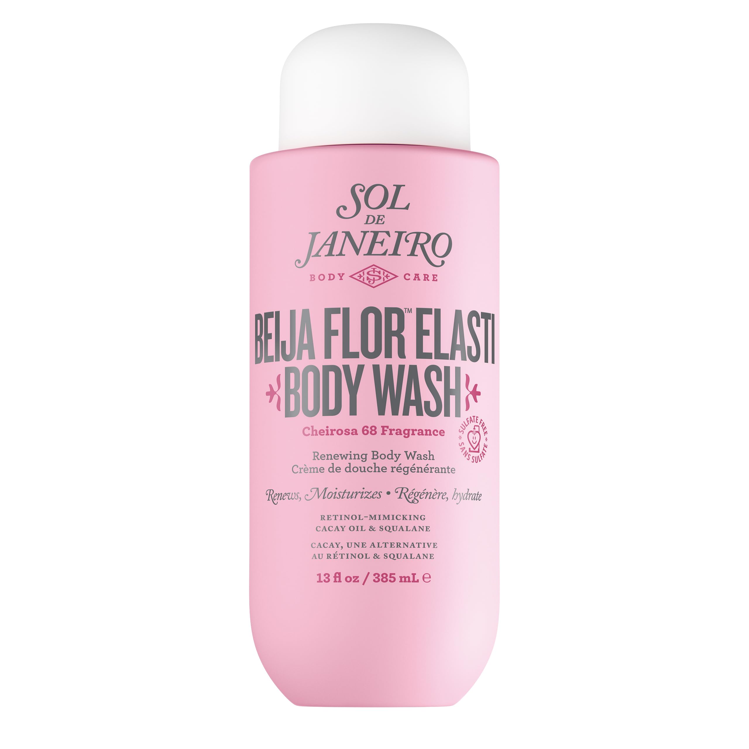 Sol de Janeiro Beija Flor body wash bottle front highlights replenishing moisture for smooth skin