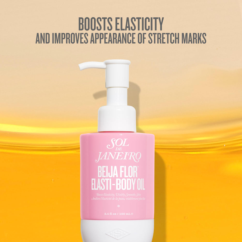 Sol de Janeiro Elasti-Body Oil dispenser close-up highlighting quick absorption
