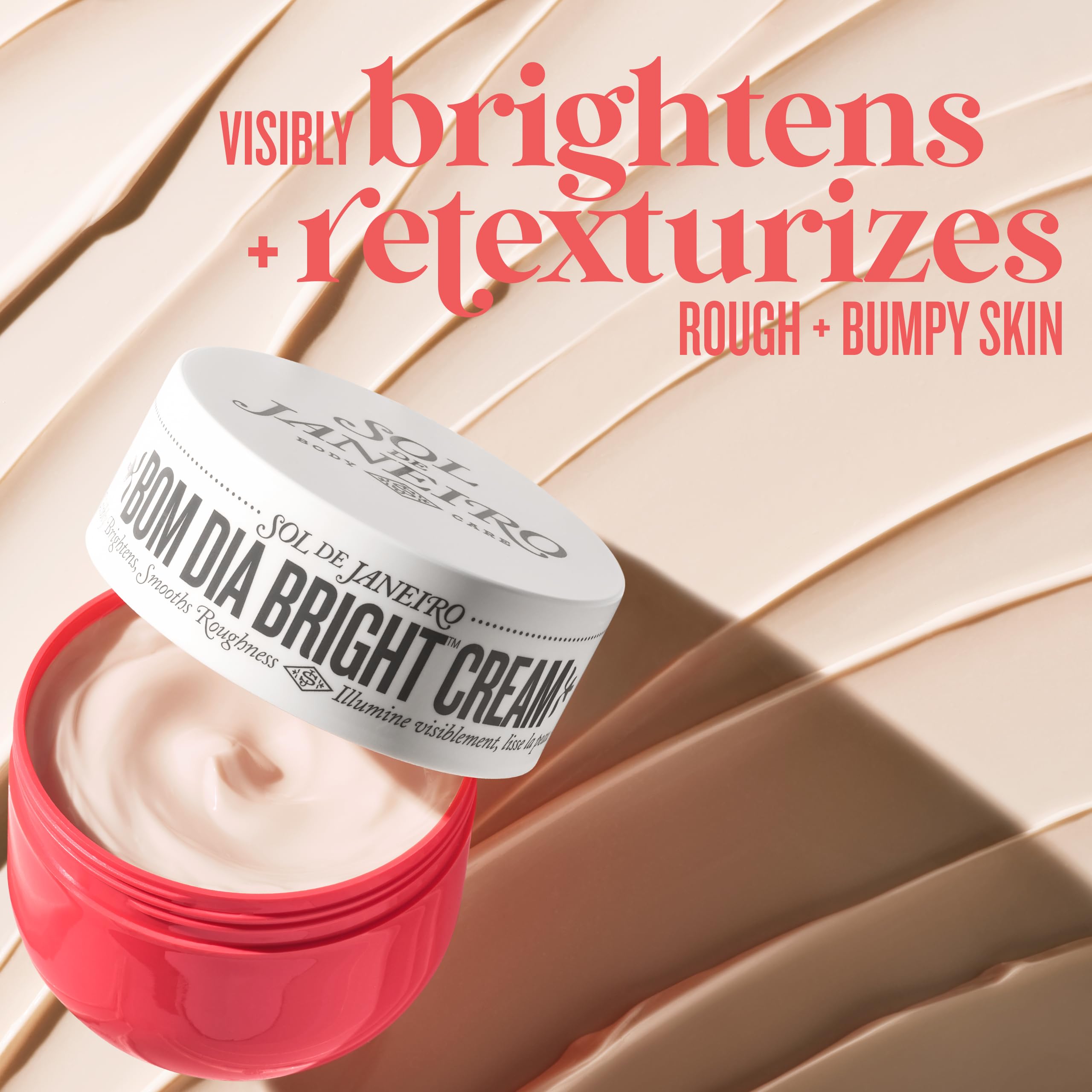 Sol de Janeiro Bom Dia AHA Body Cream closeup showing creamy texture for even skin tone.