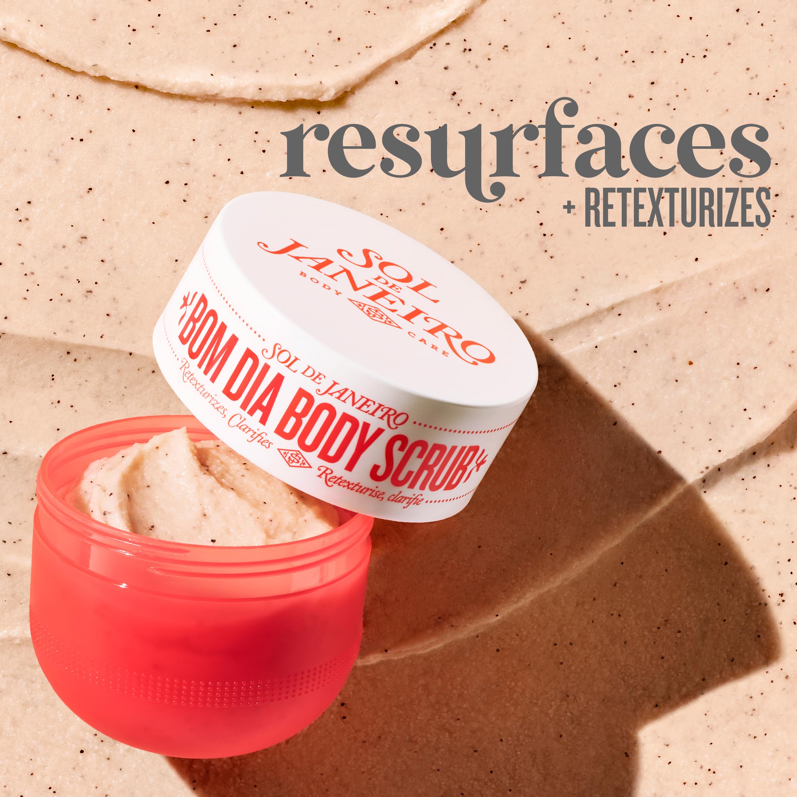 Bom Dia Bright Body Scrub open jar reveals creamy grains for resurfacing