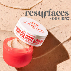 Bom Dia Bright Body Scrub open jar reveals creamy grains for resurfacing