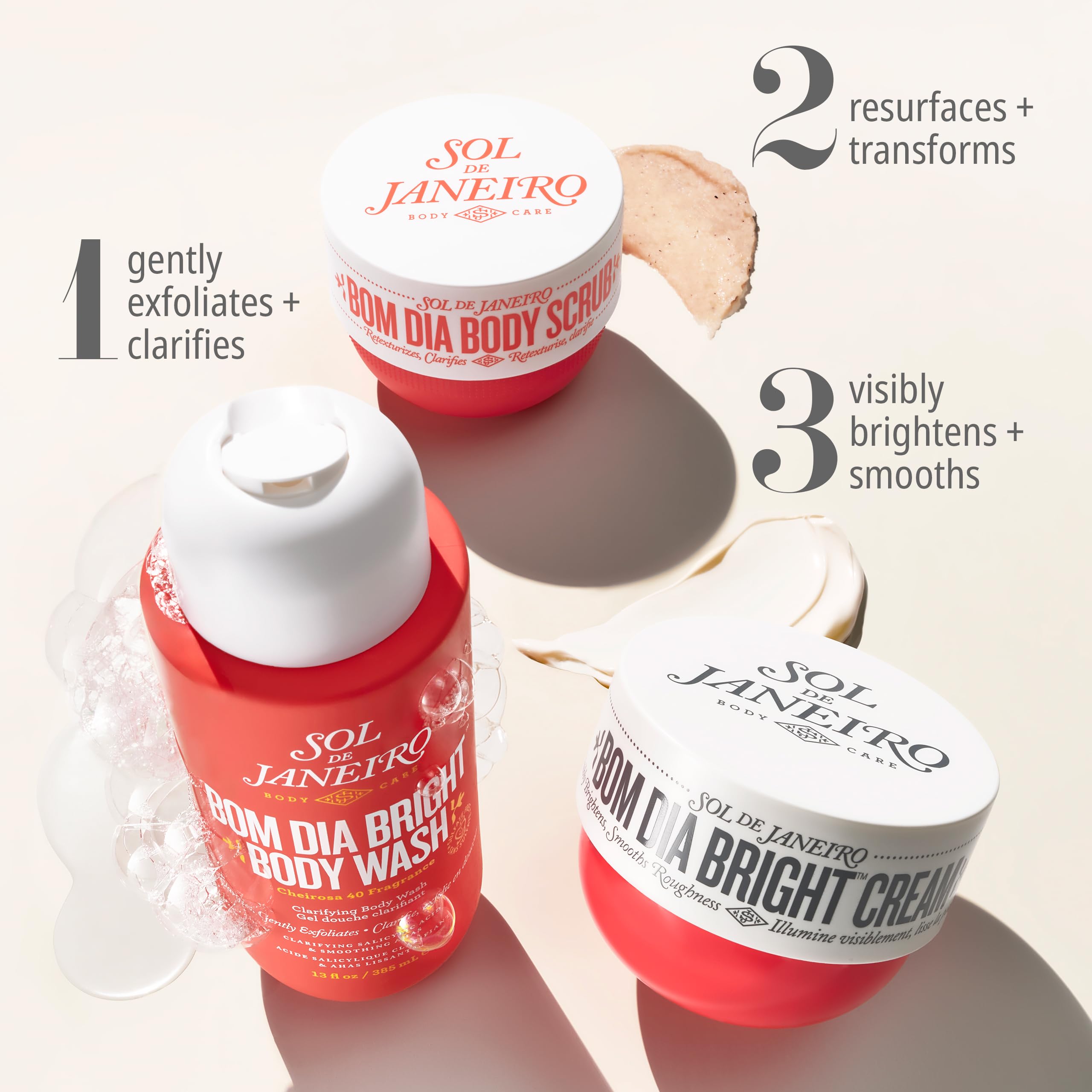 Shower scene with Bom Dia Bright Body Scrub suggesting refreshing exfoliation