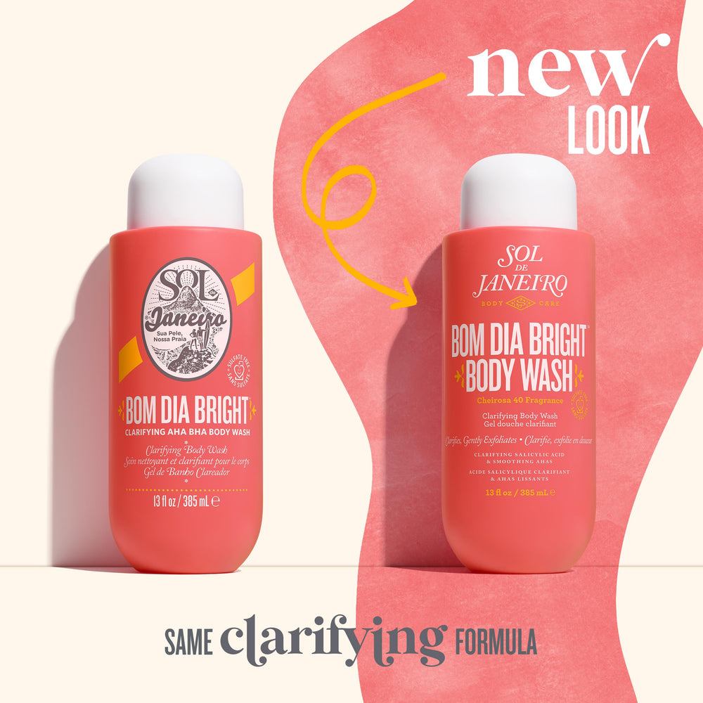Sol de Janeiro Bom Dia Bright Body Wash bottle on counter highlights Cheirosa 40 scent