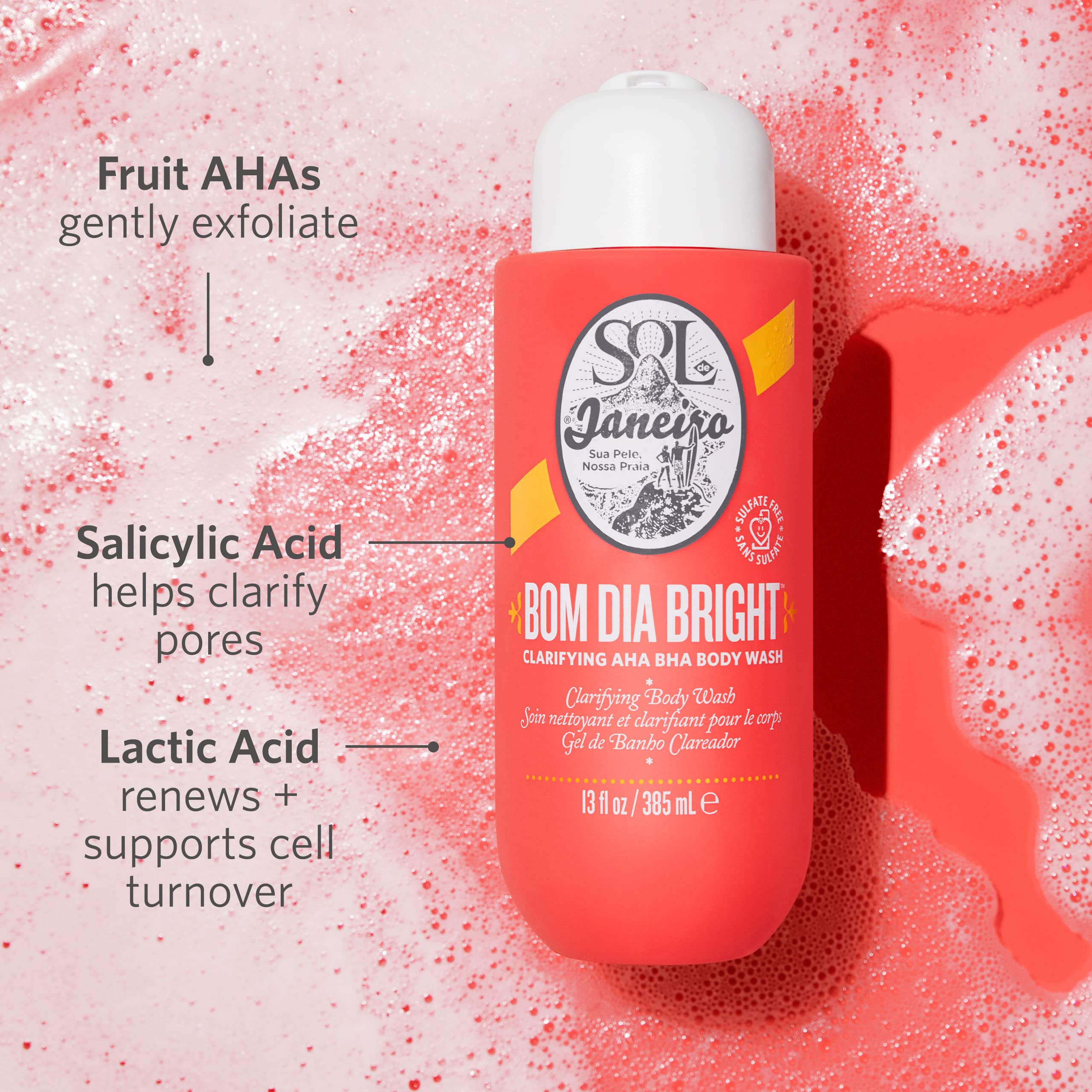 Bom Dia Bright lather closeup highlights fruit AHAs for smoother-looking skin.