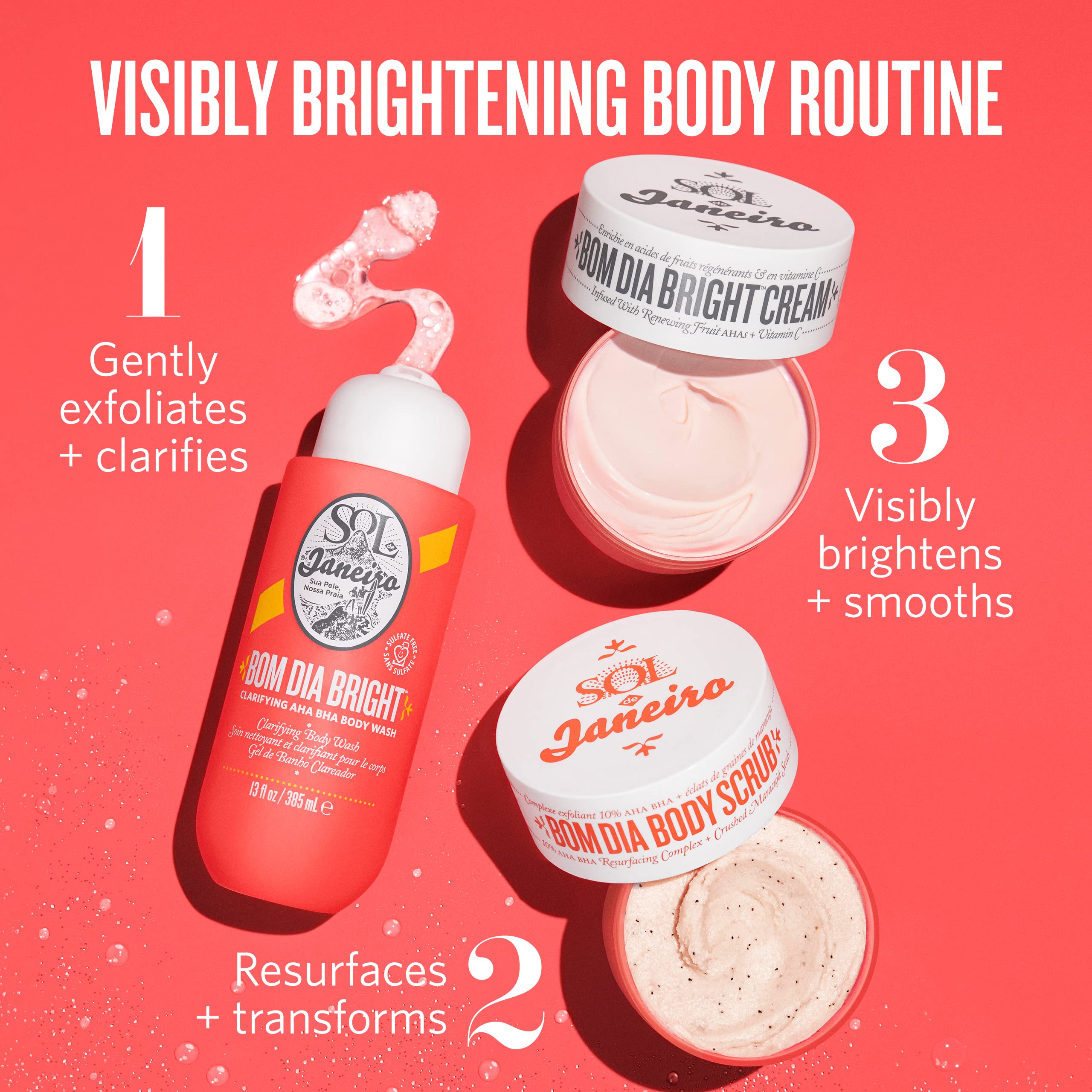Sol de Janeiro shower-scene image suggests easy daily cleanse for balanced skin.
