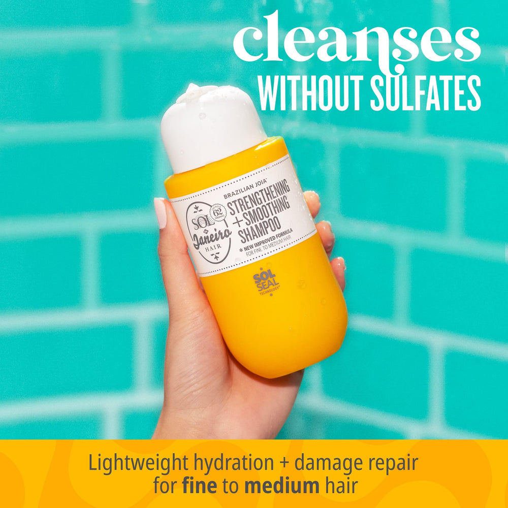 Sol de Janeiro Joia shampoo foamy lather image showcases cleansing with damage repair potential.