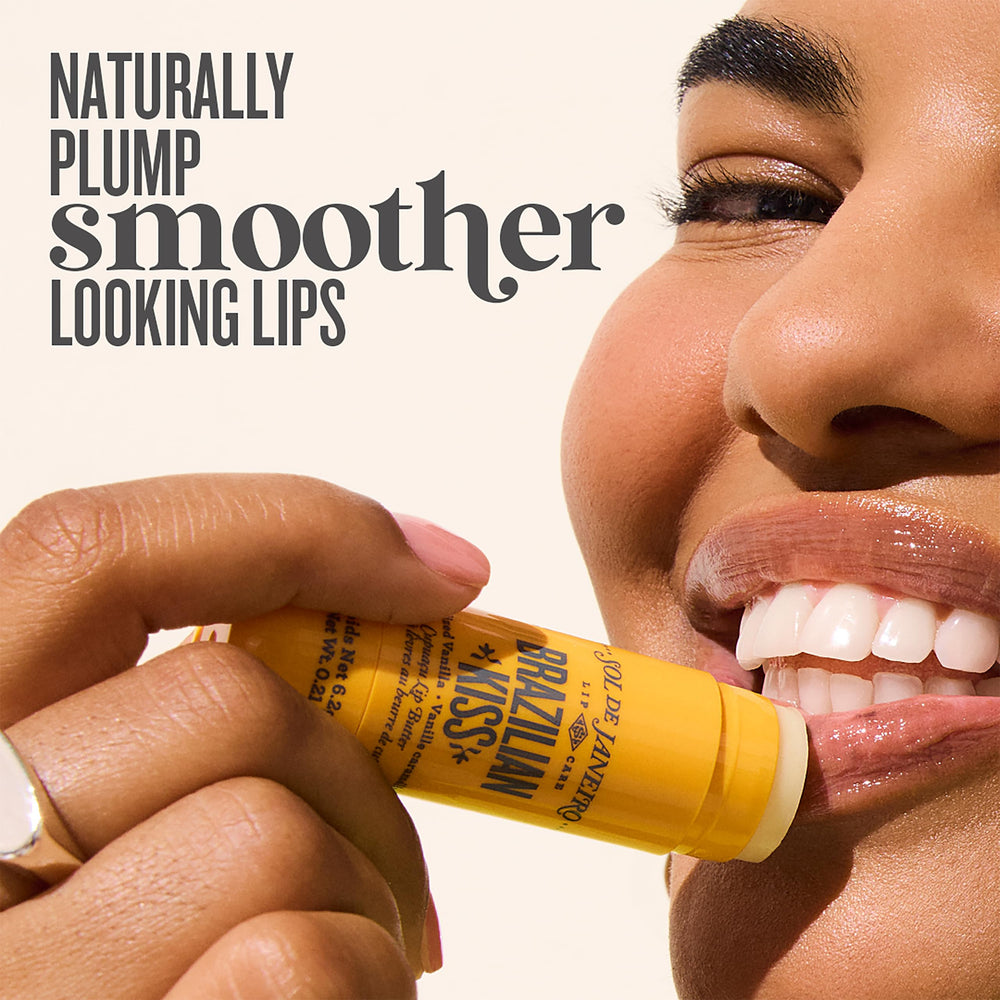 Sol de Janeiro lip butter packaging shows vegan formula and travel-friendly design.