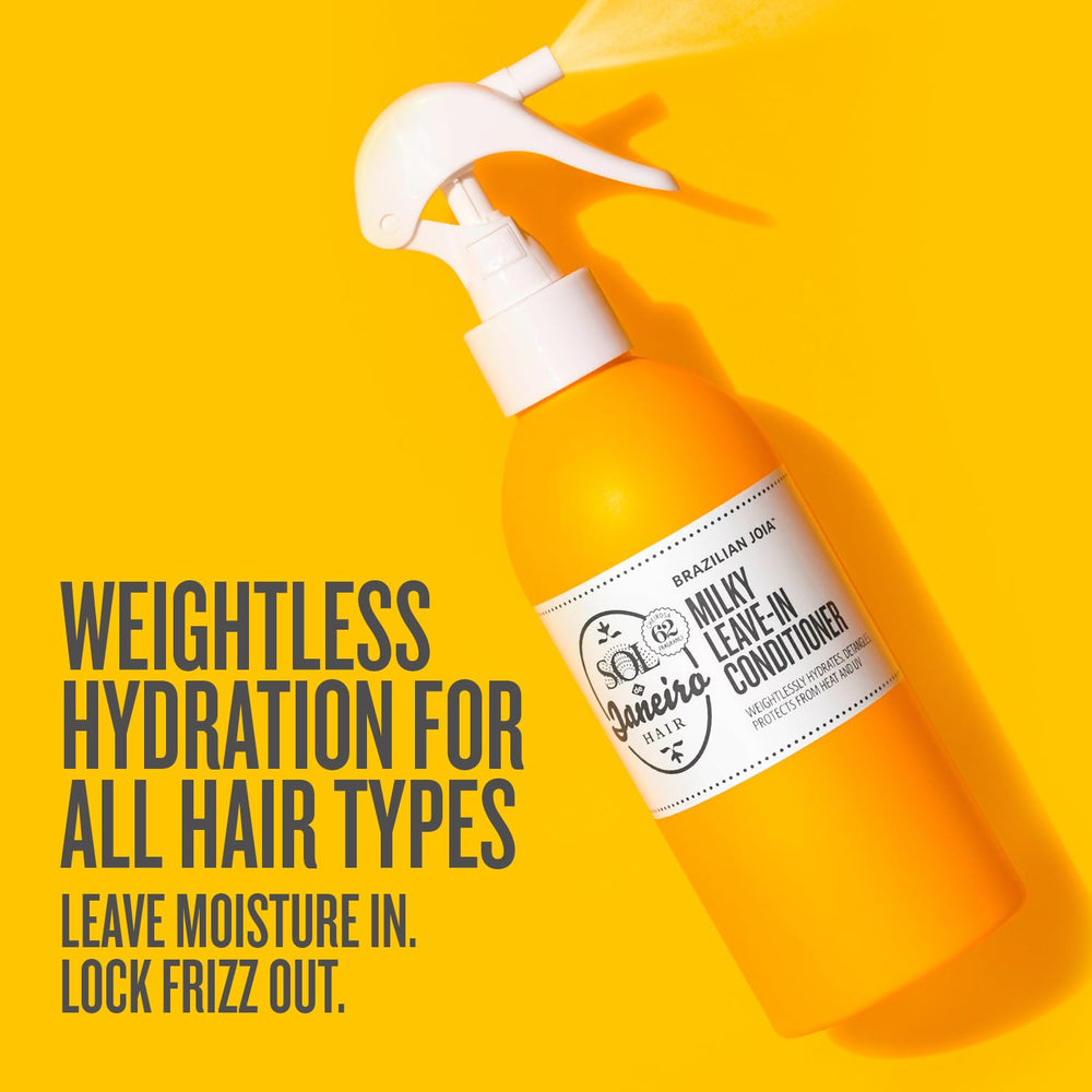 Sol de Janeiro Milky Leave-In conditioner being sprayed onto damp hair for detangling.