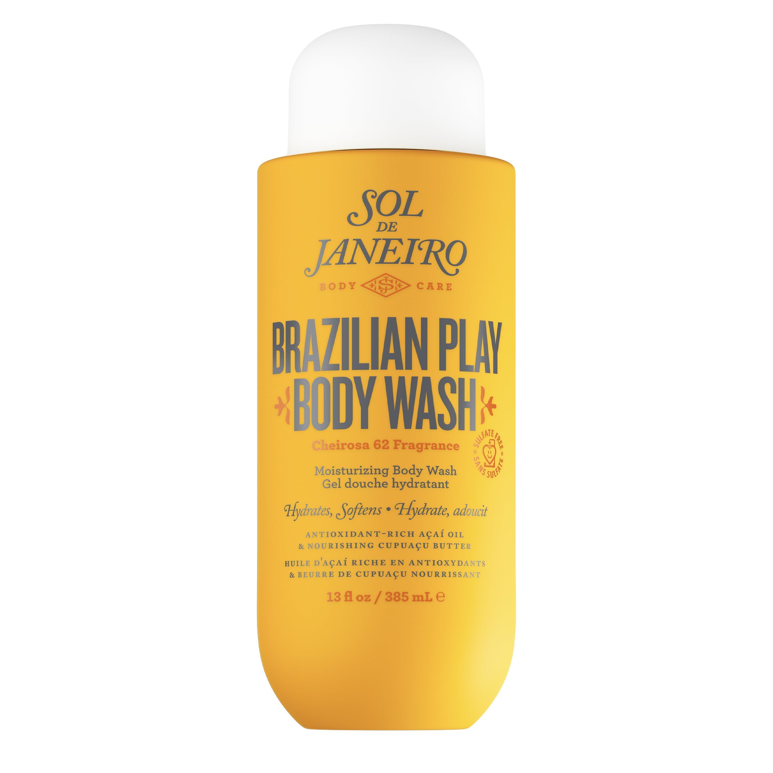 Sol de Janeiro Brazilian Play shower cream-gel bottle pours for a hydrating cleanse.