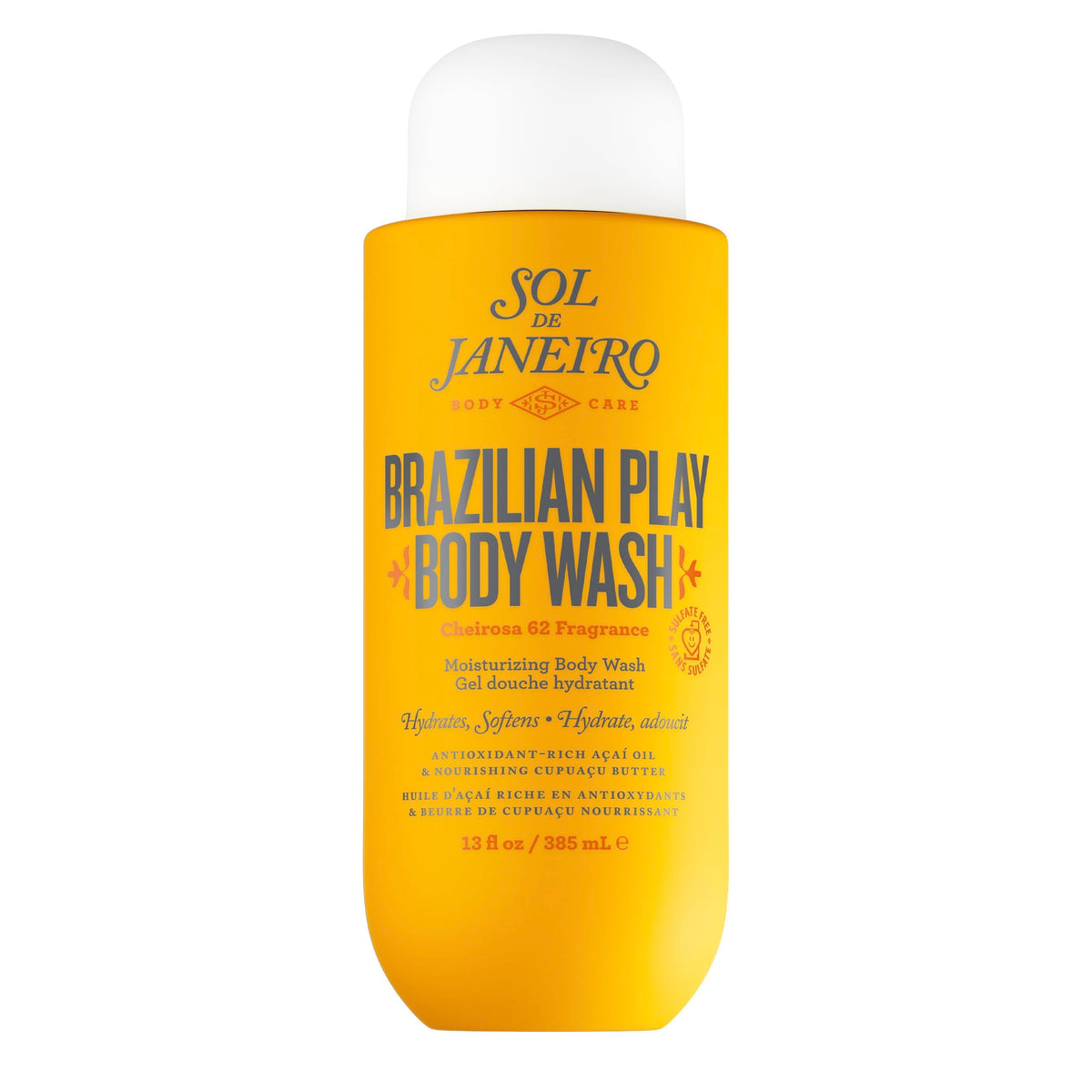 Sol de Janeiro Brazilian Play shower cream-gel bottle pours for a hydrating cleanse.