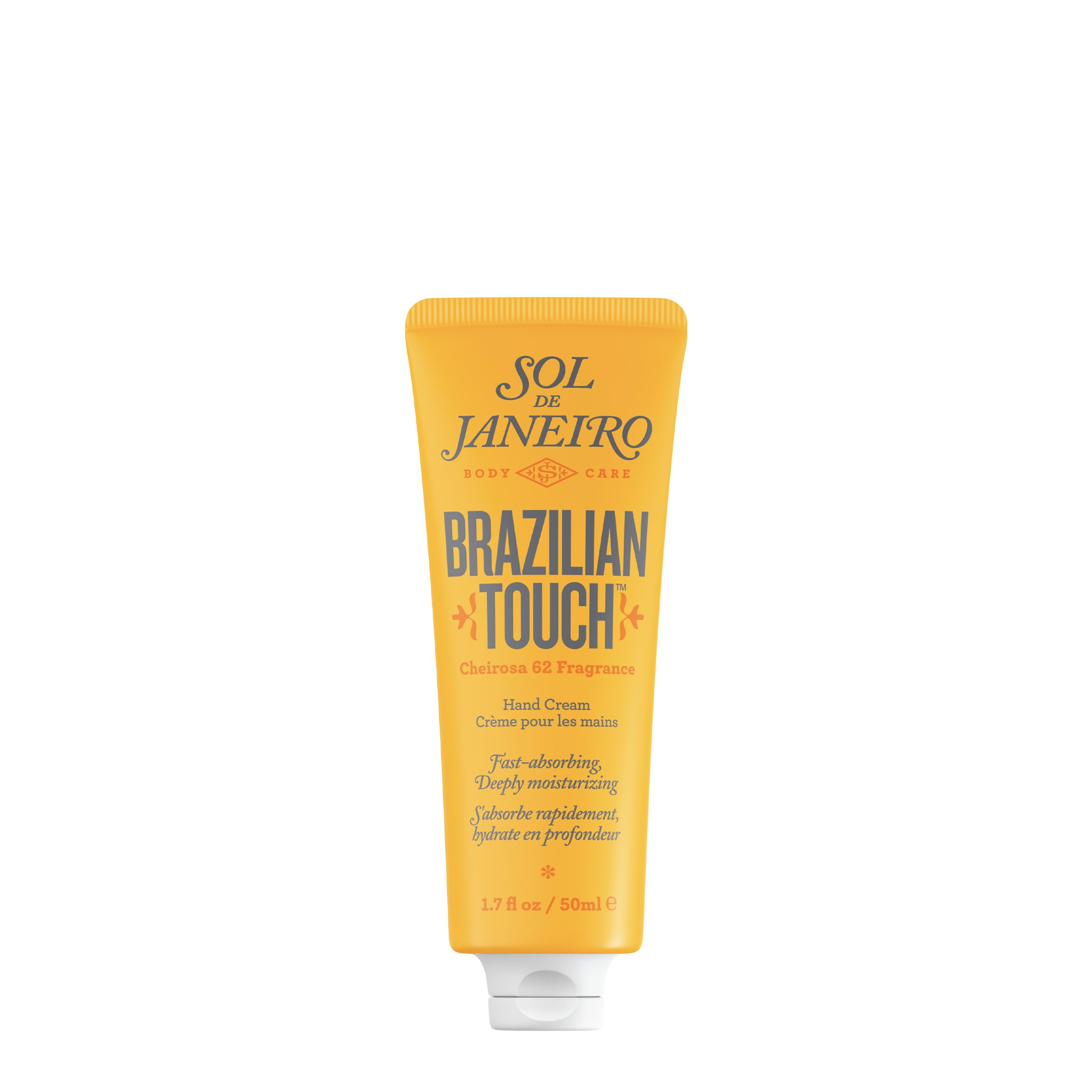Sol de Janeiro Brazilian Touch Hand Cream packaging highlights premium formula for hydrated hands.