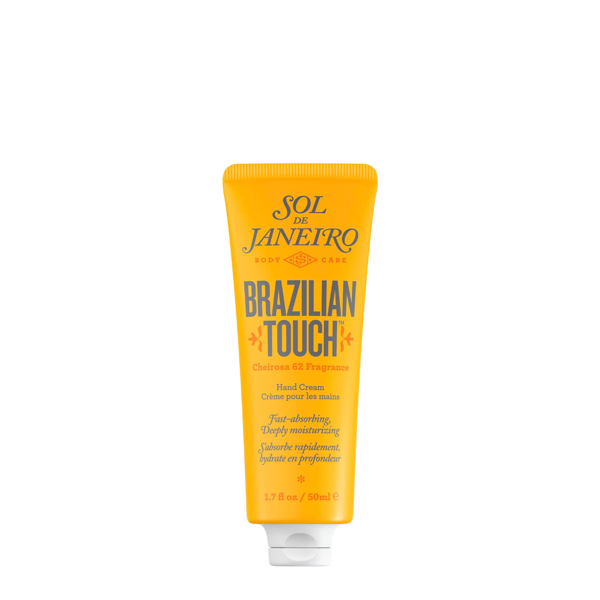 Sol de Janeiro Brazilian Touch Hand Cream packaging highlights premium formula for hydrated hands.