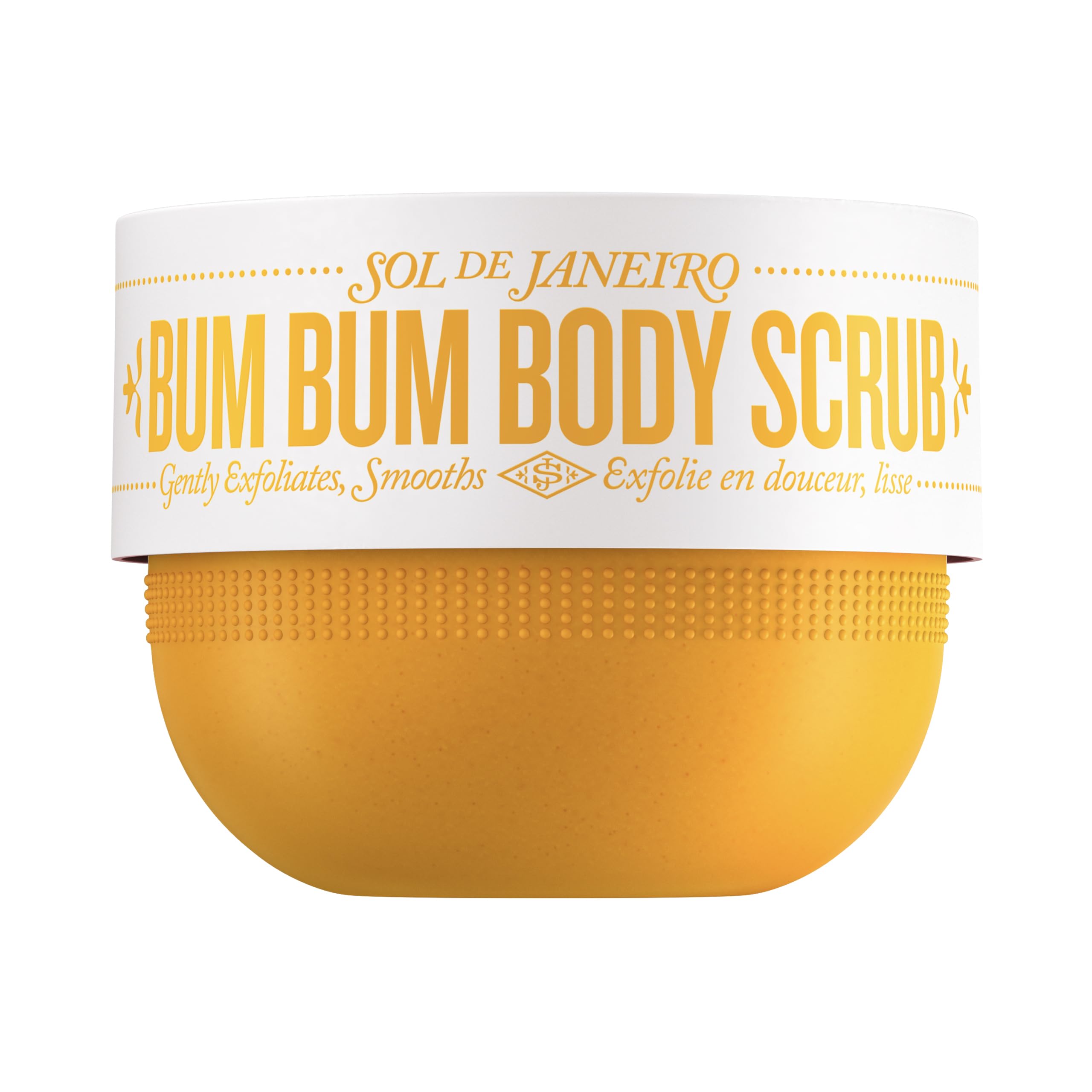 Sol de Janeiro Bum Bum Body Scrub packaged tub provides gentle exfoliation for smoother skin.